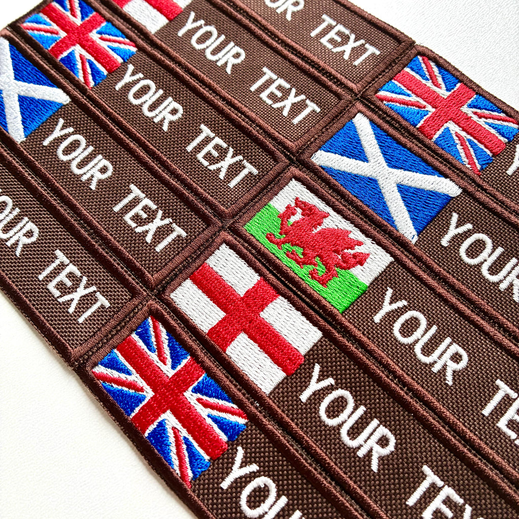 Personalised Embroidered Flag Patch Sew/Iron/VELCRO® Custom Text Badge Brown