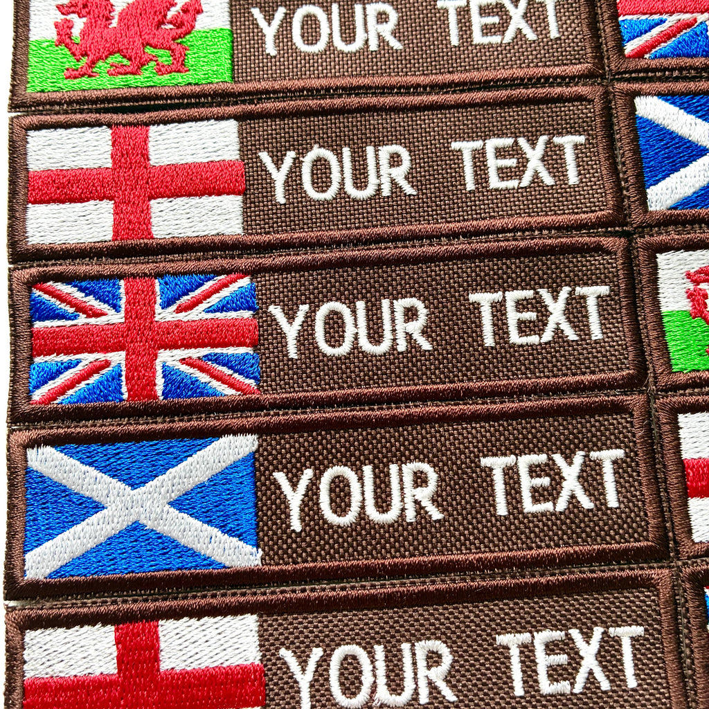 Personalised Embroidered Flag Patch Sew/Iron/VELCRO® Custom Text Badge Brown