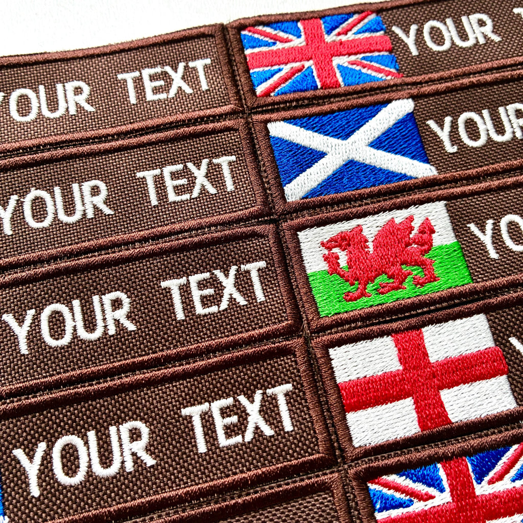 Personalised Embroidered Flag Patch Sew/Iron/VELCRO® Custom Text Badge Brown