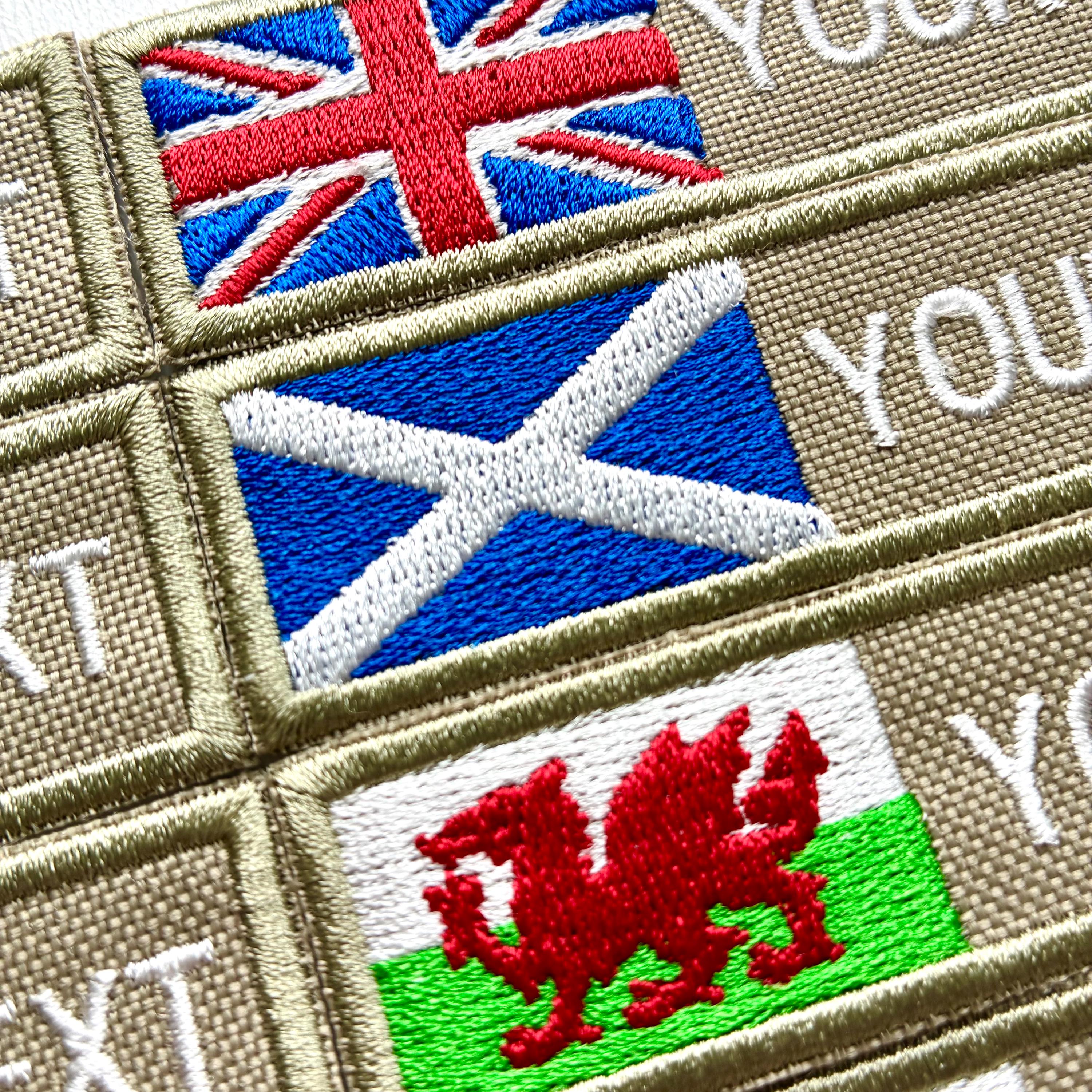 Personalised Embroidered Flag Patch Sew/Iron/VELCRO® Custom Text Badge Sand