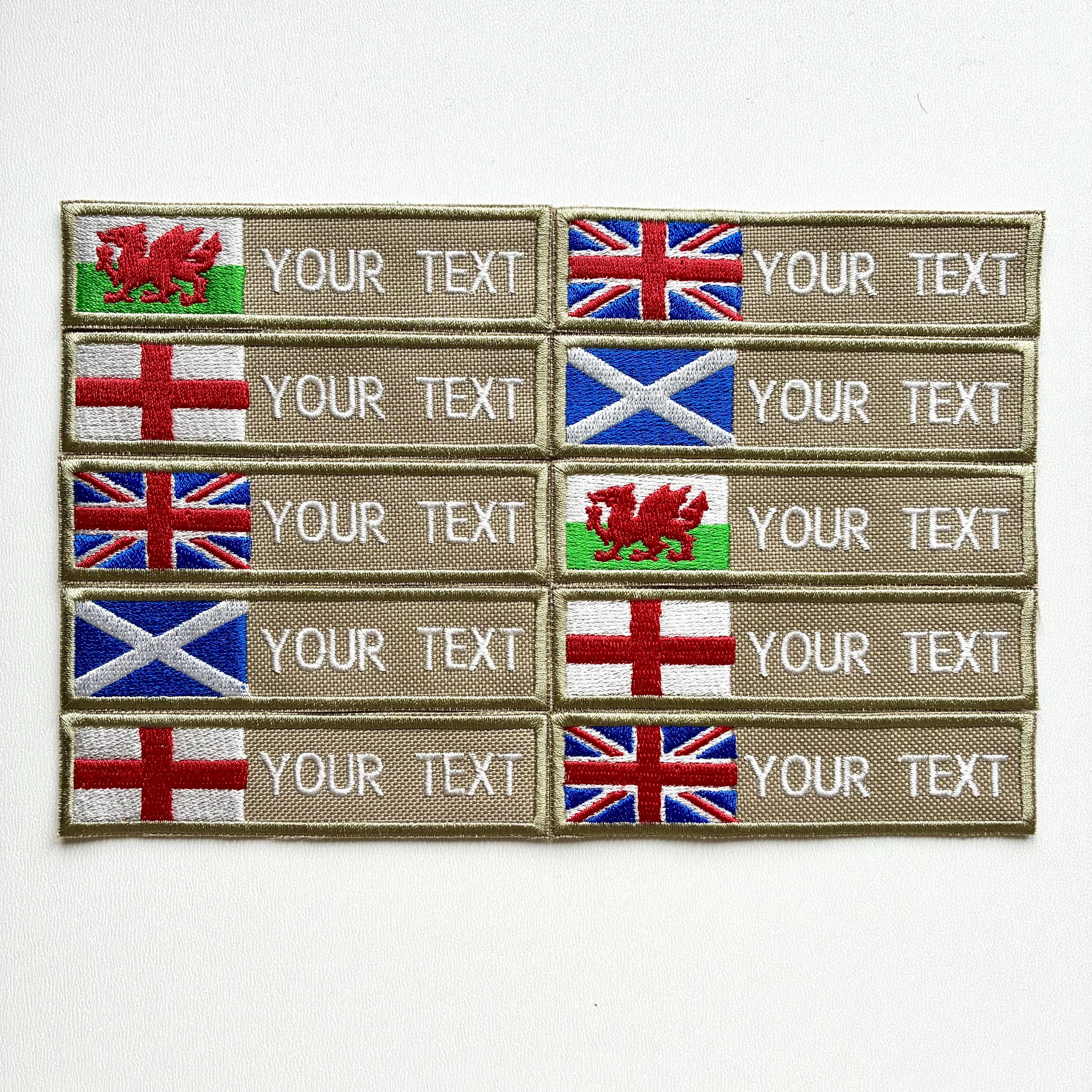 Personalised Embroidered Flag Patch Sew/Iron/VELCRO® Custom Text Badge Sand