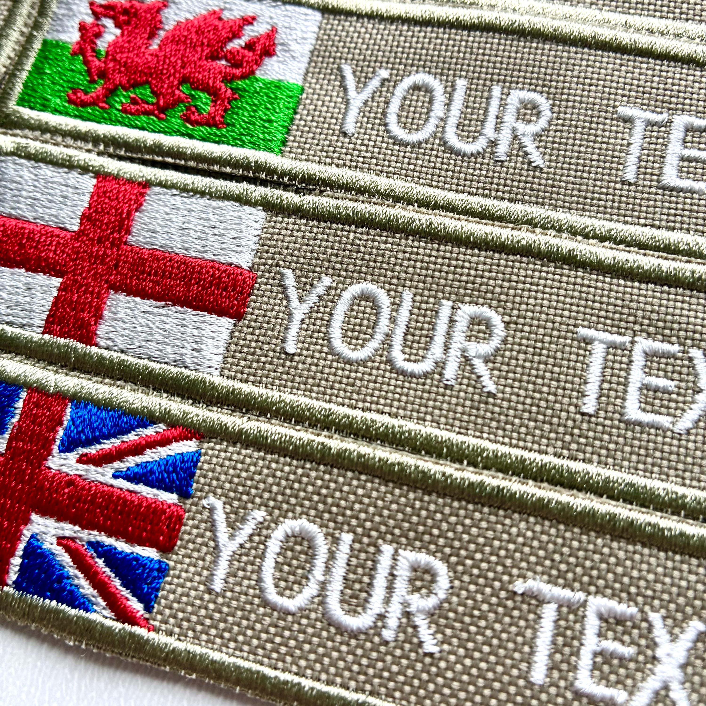 Personalised Embroidered Flag Patch Sew/Iron/VELCRO® Custom Text Badge Sand