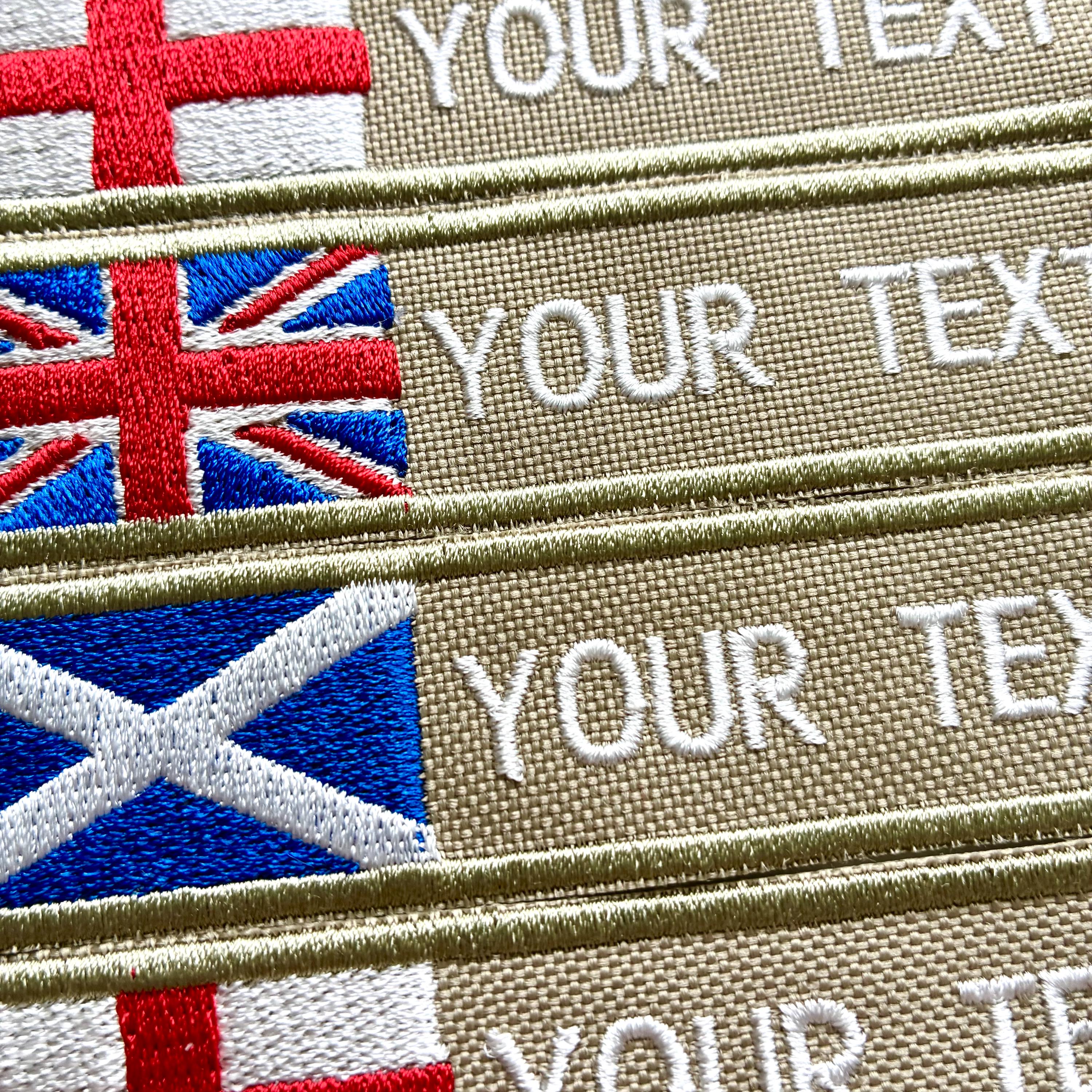 Personalised Embroidered Flag Patch Sew/Iron/VELCRO® Custom Text Badge Sand
