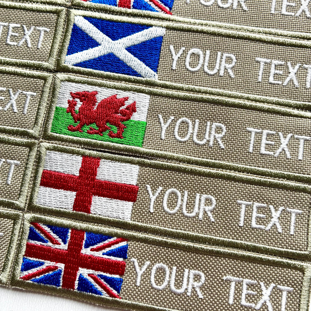 Personalised Embroidered Flag Patch Sew/Iron/VELCRO® Custom Text Badge Sand