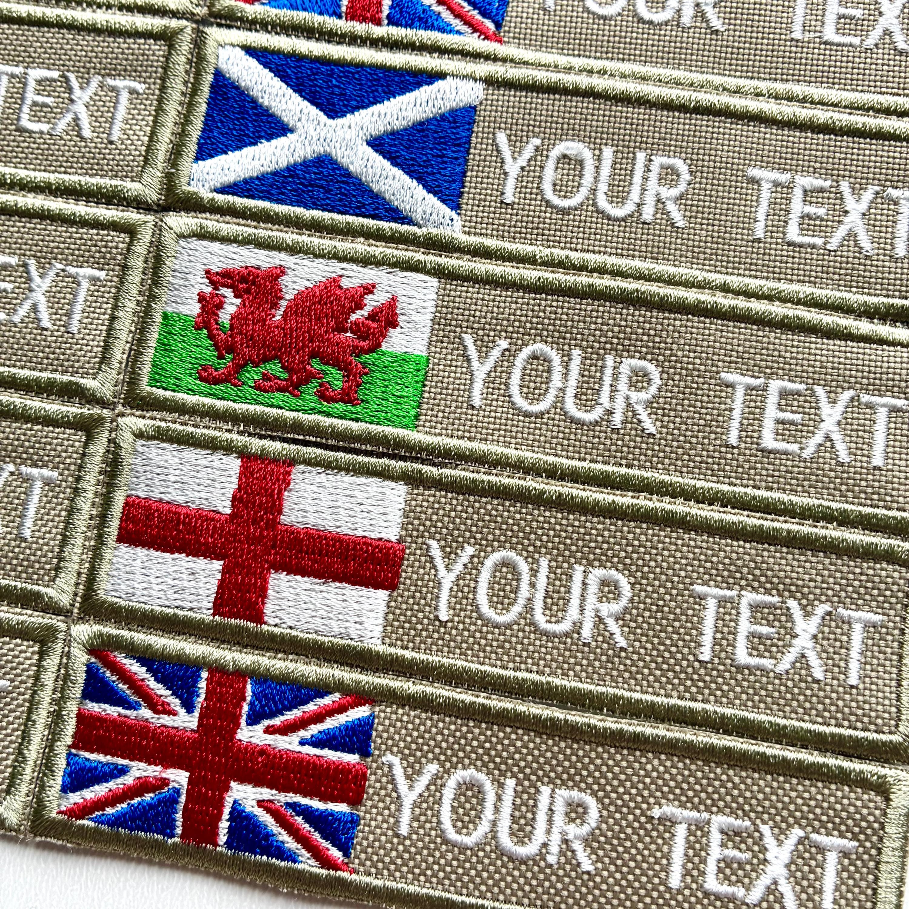 Personalised Embroidered Flag Patch Sew/Iron/VELCRO® Custom Text Badge Sand