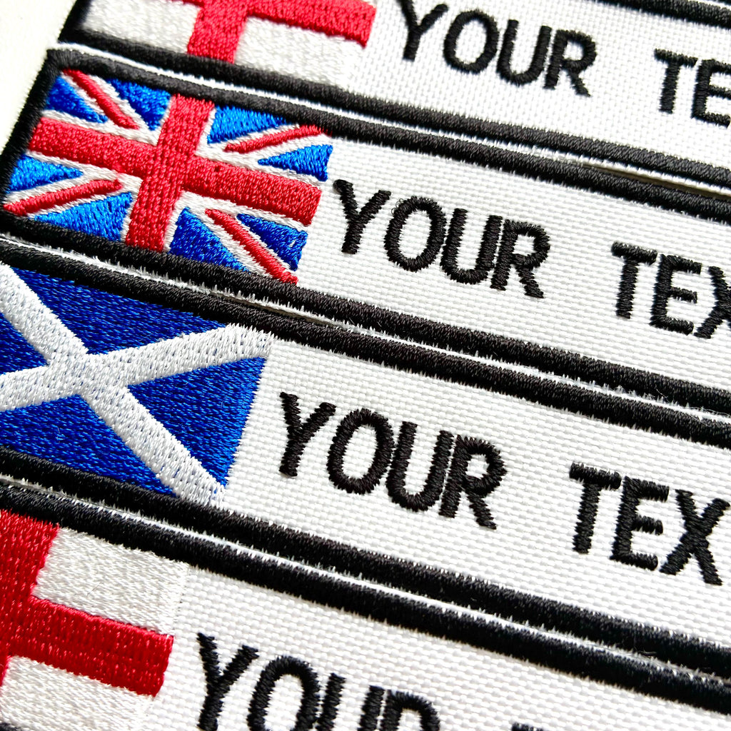 Personalised Embroidered Flag Patch Sew/Iron/VELCRO® Custom Text Badge White