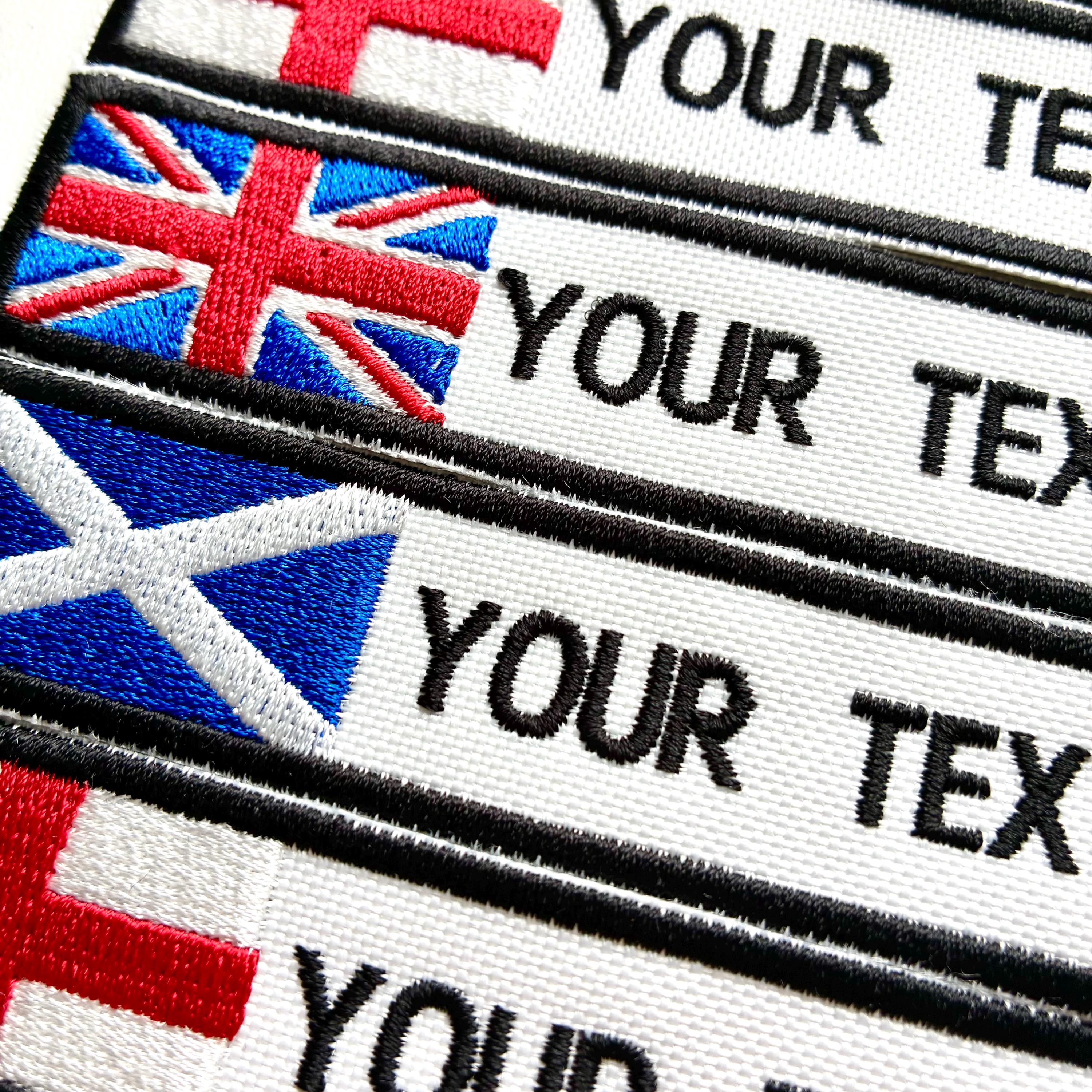 Personalised Embroidered Flag Patch Sew/Iron/VELCRO® Custom Text Badge White