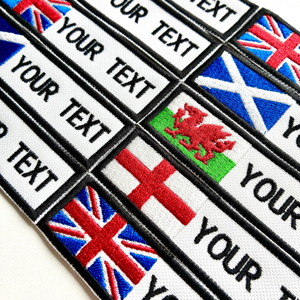 Personalised Embroidered Flag Patch Sew/Iron/VELCRO® Custom Text Badge White