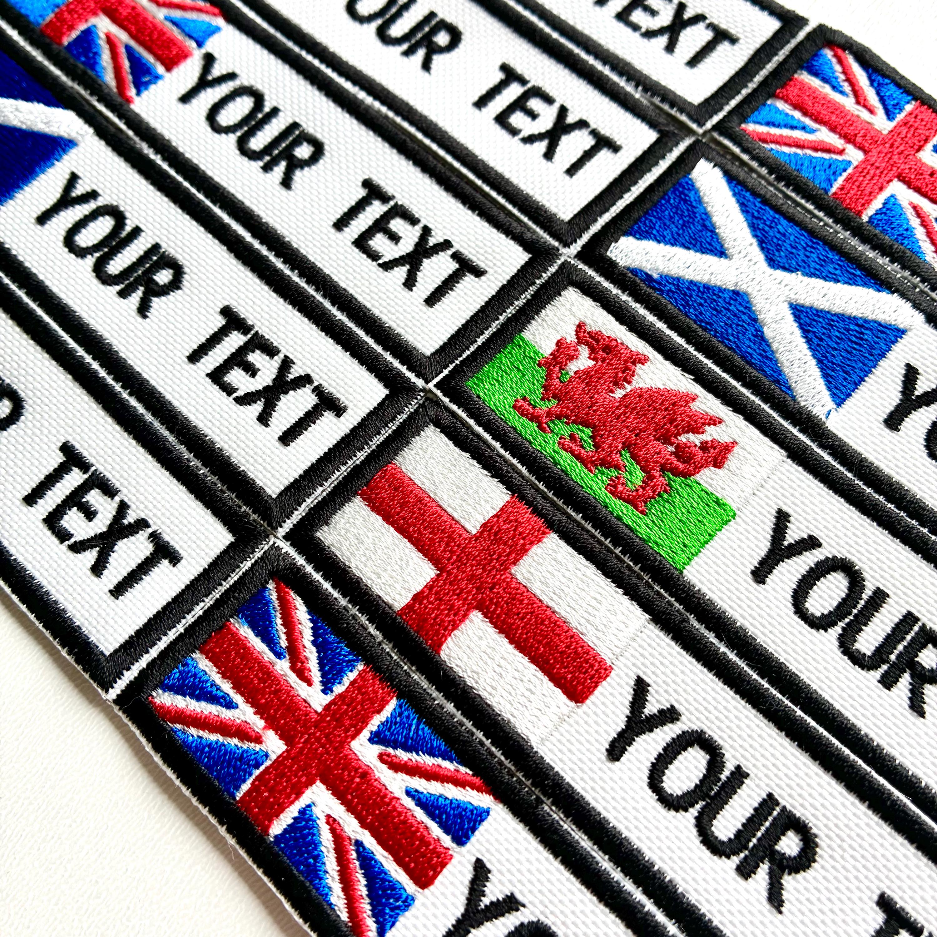 Personalised Embroidered Flag Patch Sew/Iron/VELCRO® Custom Text Badge White