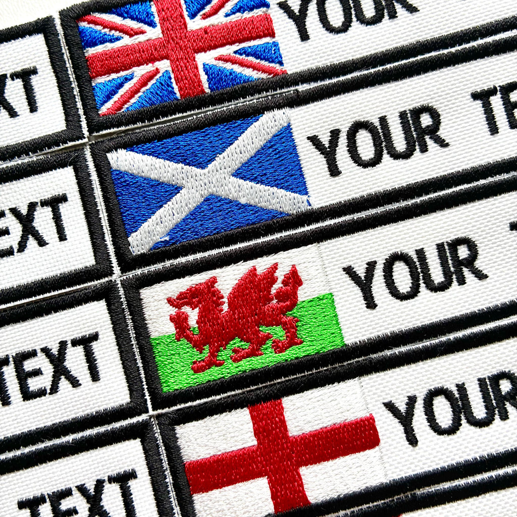 Personalised Embroidered Flag Patch Sew/Iron/VELCRO® Custom Text Badge White