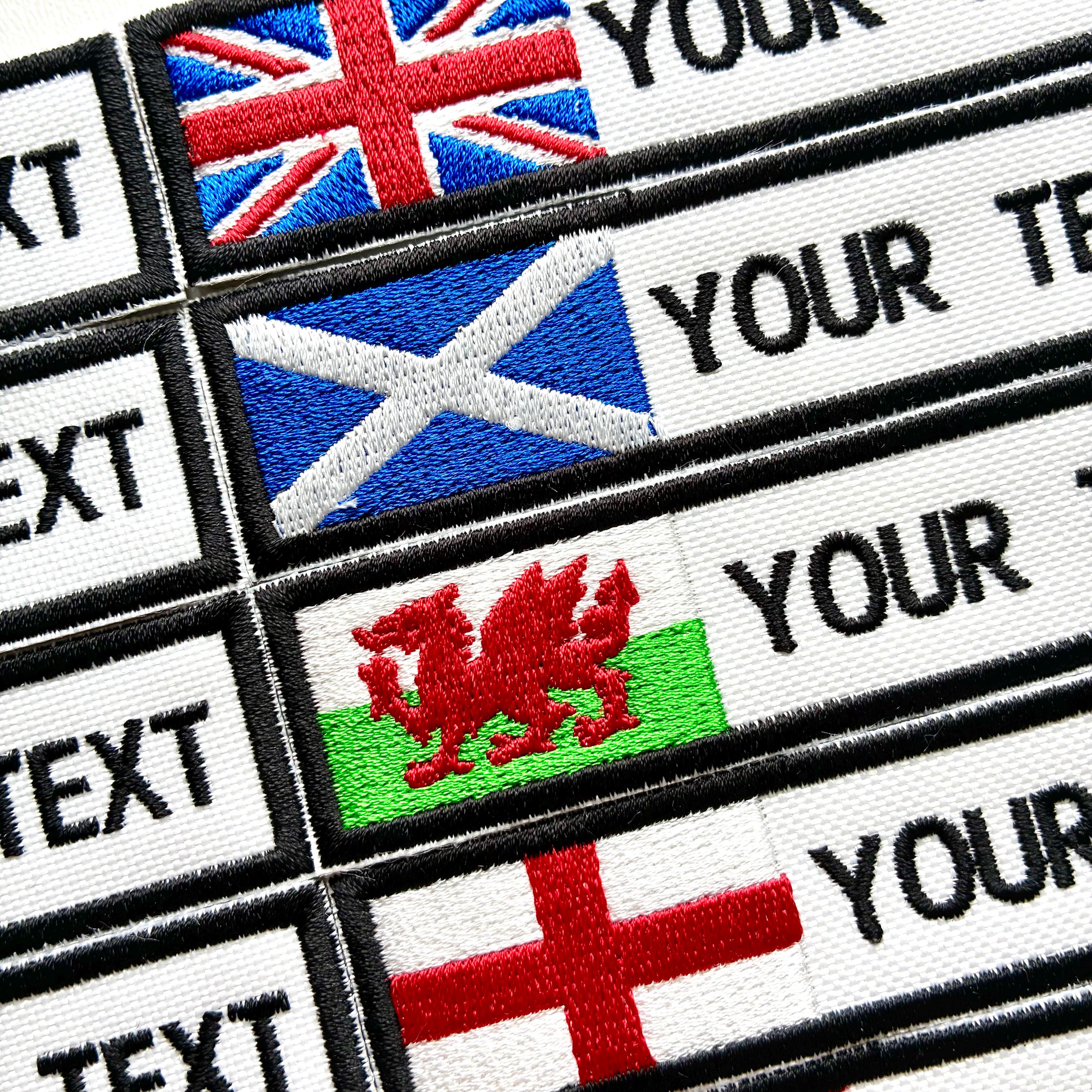 Personalised Embroidered Flag Patch Sew/Iron/VELCRO® Custom Text Badge White