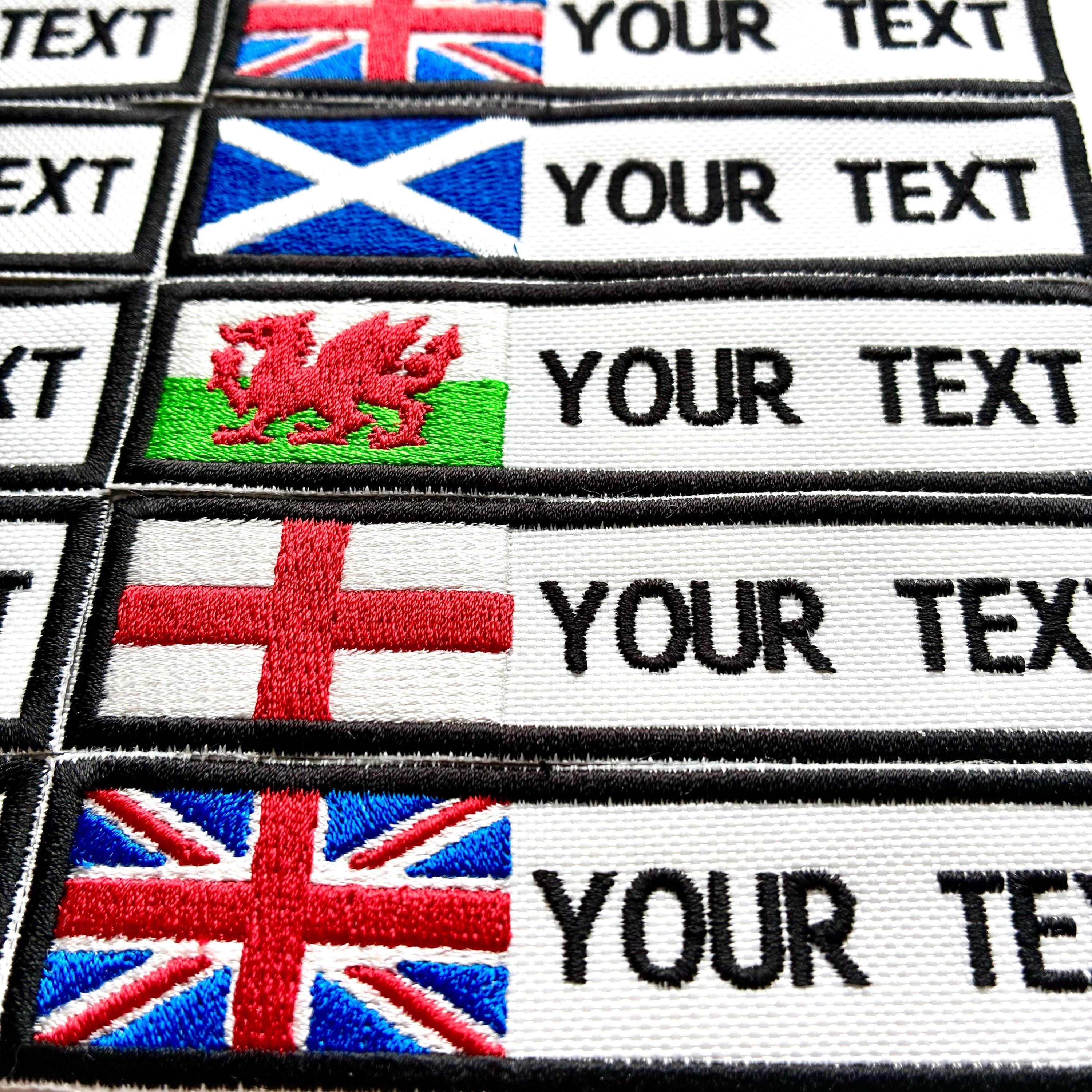 Personalised Embroidered Flag Patch Sew/Iron/VELCRO® Custom Text Badge White