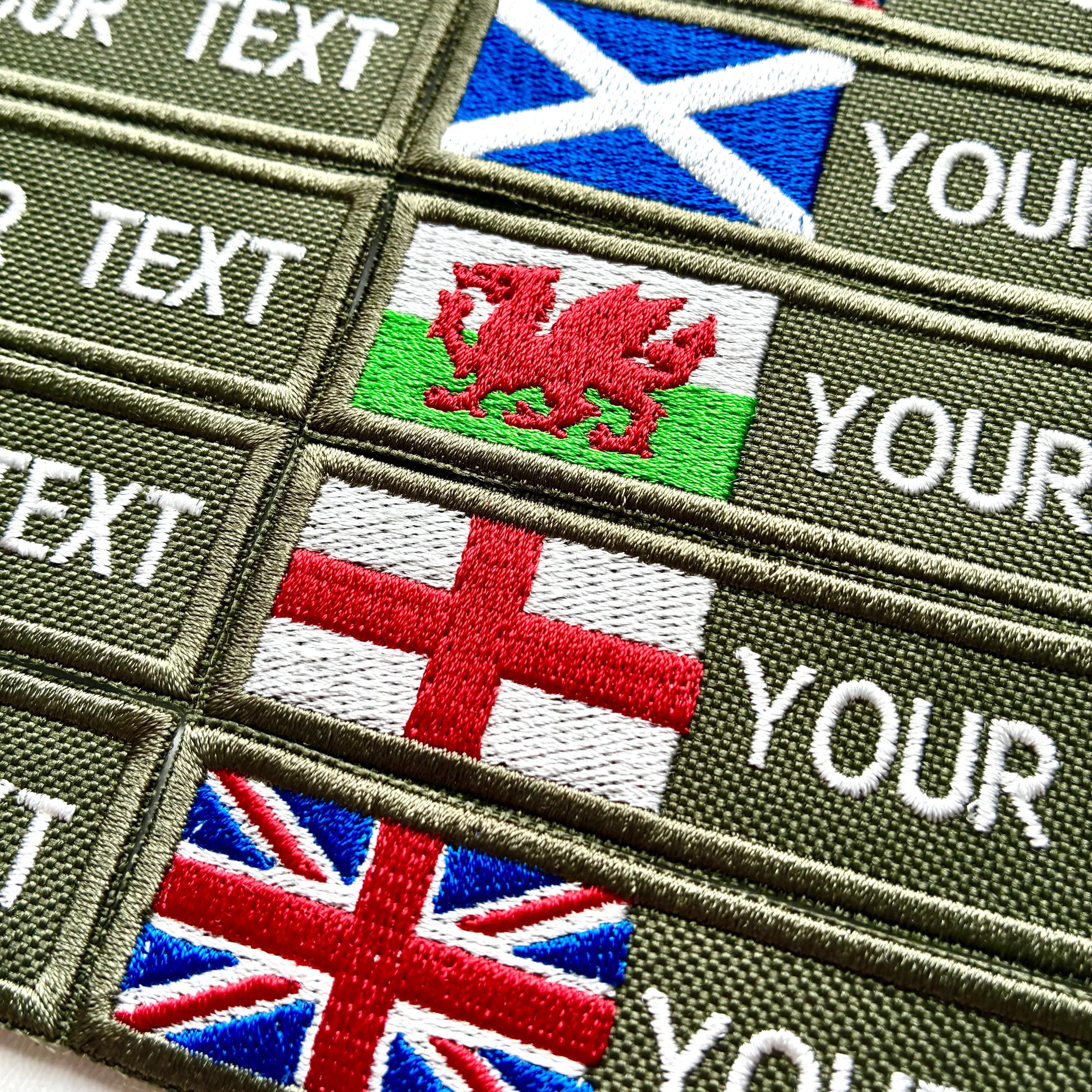 Personalised Embroidered Flag Patch Sew/Iron/VELCRO® Custom Text Badge Olive