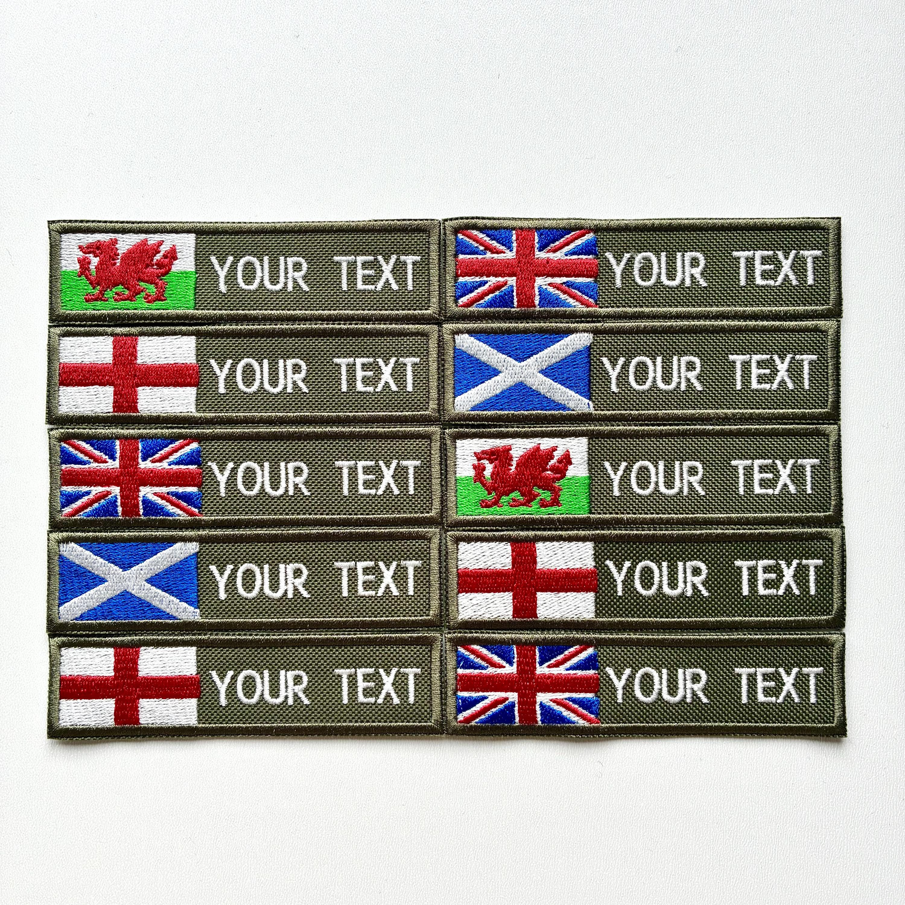 Personalised Embroidered Flag Patch Sew/Iron/VELCRO® Custom Text Badge Olive