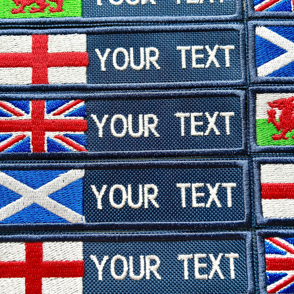 Personalised Embroidered Flag Patch Sew/Iron/VELCRO® Custom Text Badge Navy