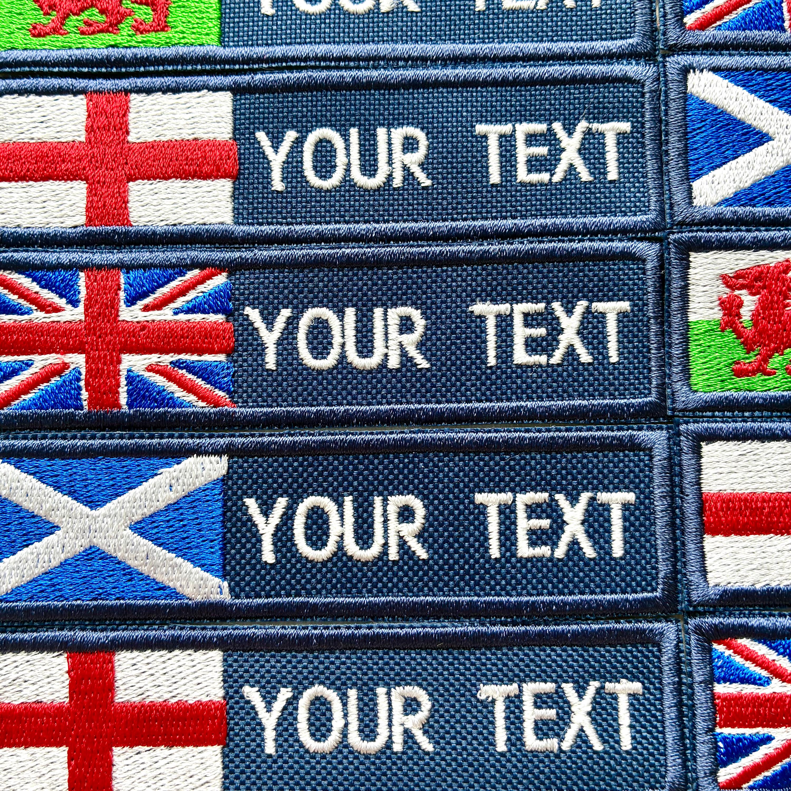 Personalised Embroidered Flag Patch Sew/Iron/VELCRO® Custom Text Badge Navy