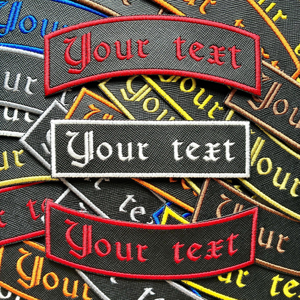 Personalised Embroidered Patch Iron On & Sew On Custom Text Old English Biker