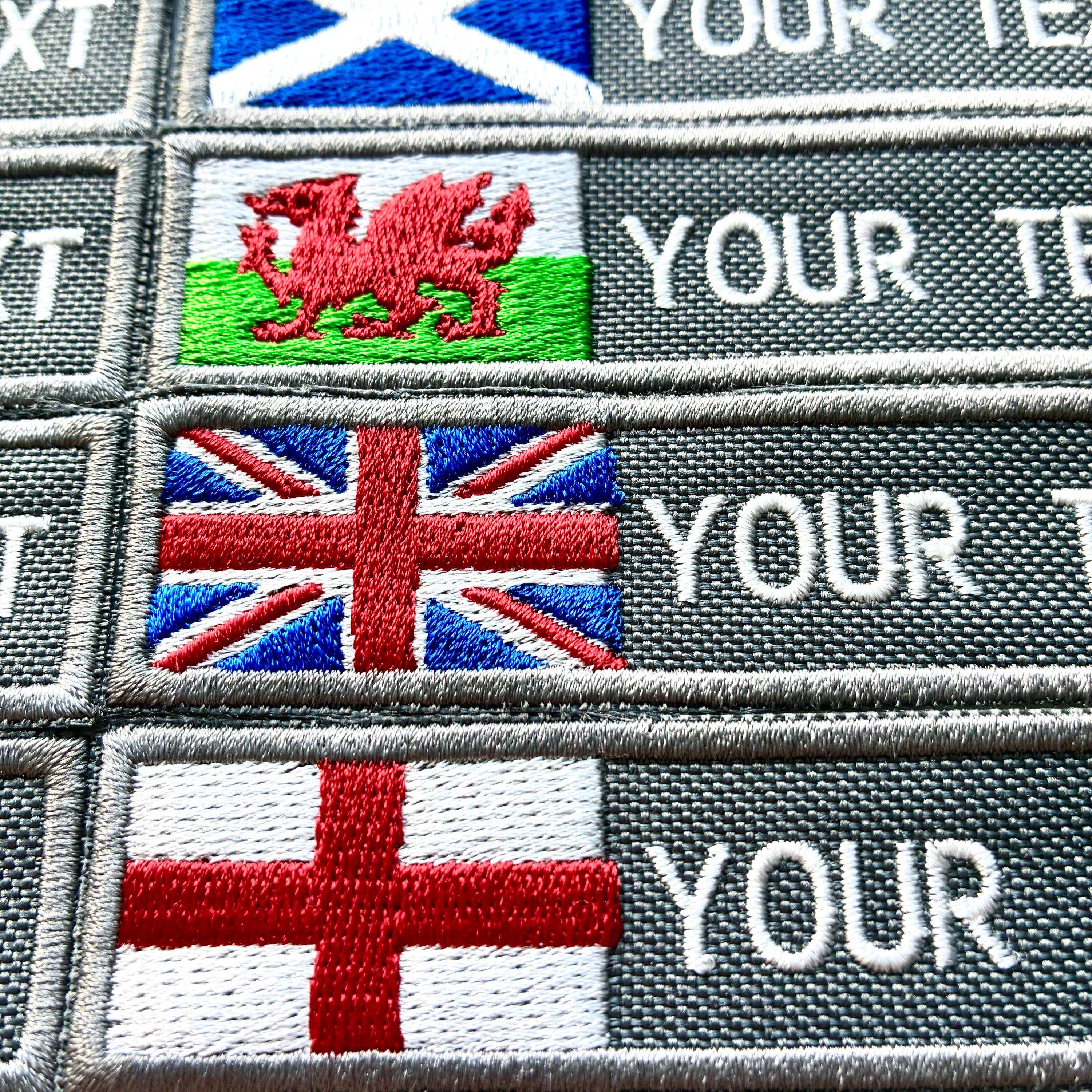 Personalised Embroidered Flag Patch Sew/Iron/VELCRO® Custom Text Badge Grey