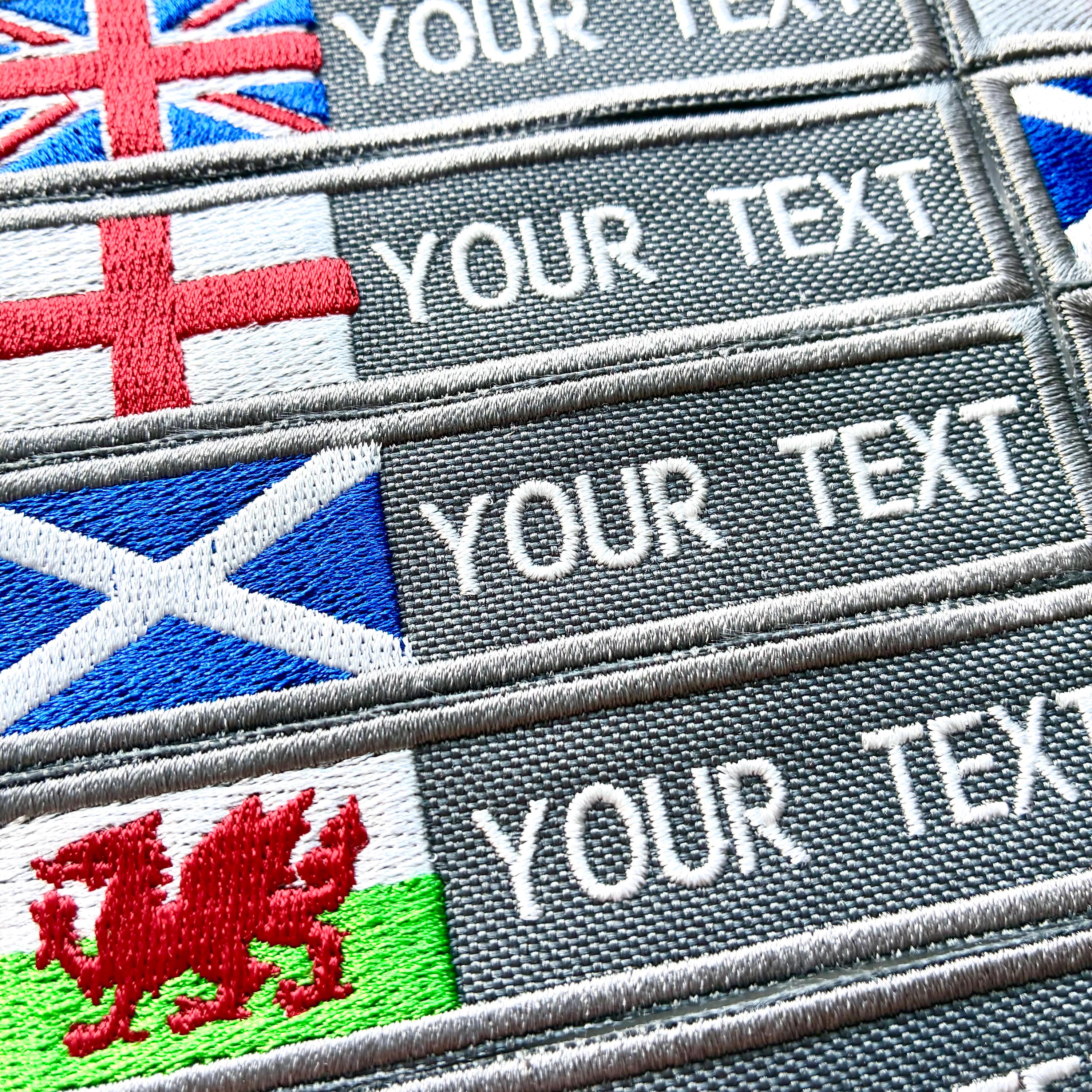 Personalised Embroidered Flag Patch Sew/Iron/VELCRO® Custom Text Badge Grey