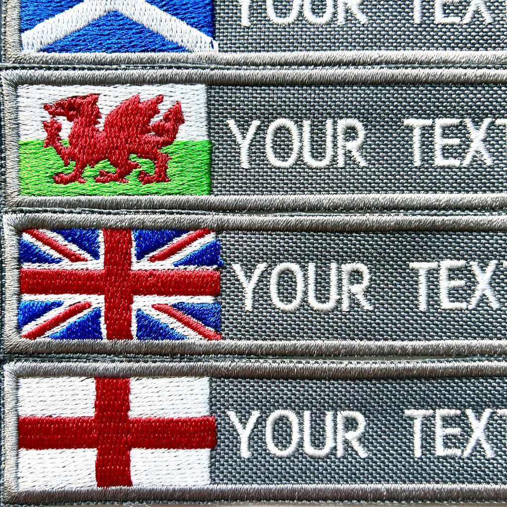 Personalised Embroidered Flag Patch Sew/Iron/VELCRO® Custom Text Badge Grey