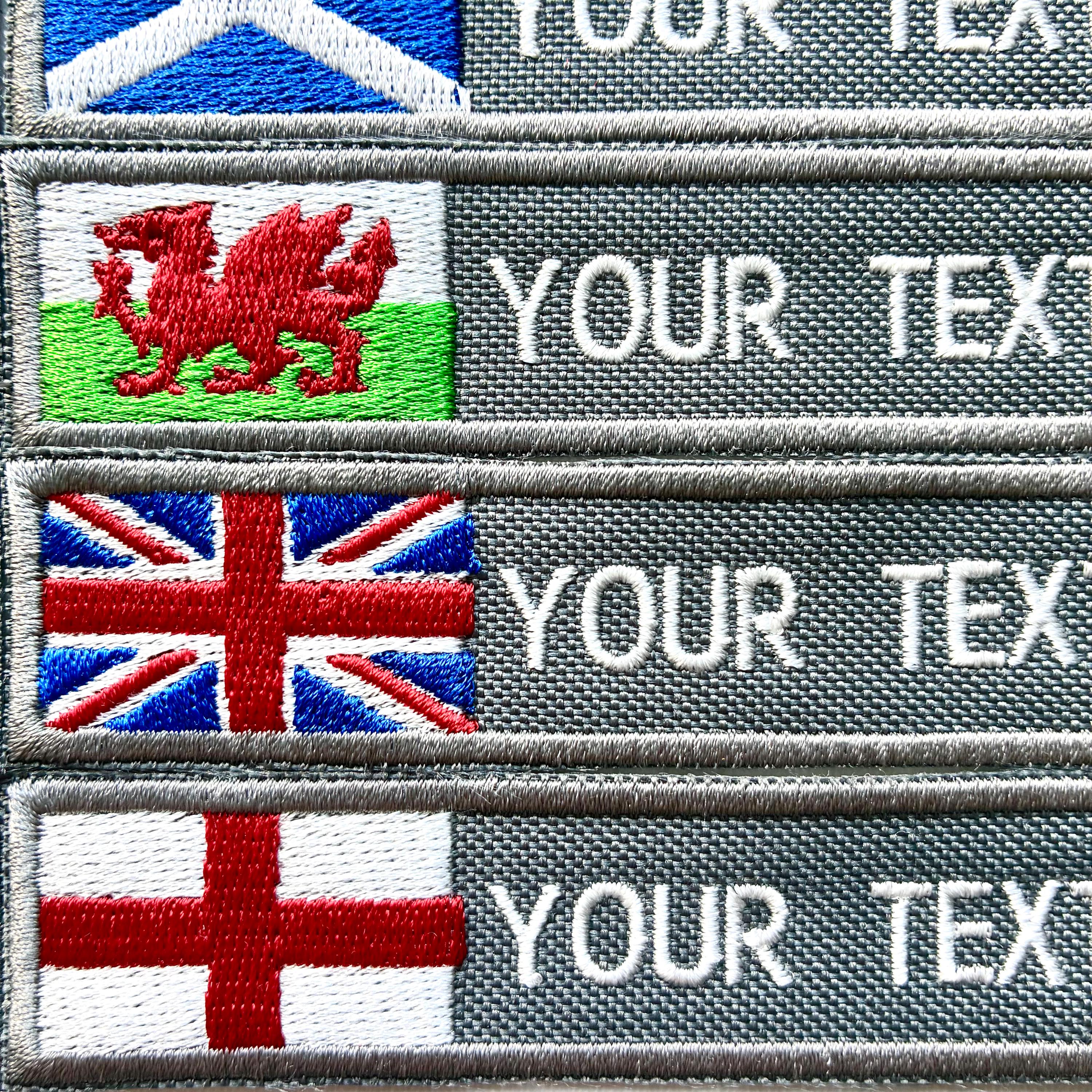 Personalised Embroidered Flag Patch Sew/Iron/VELCRO® Custom Text Badge Grey