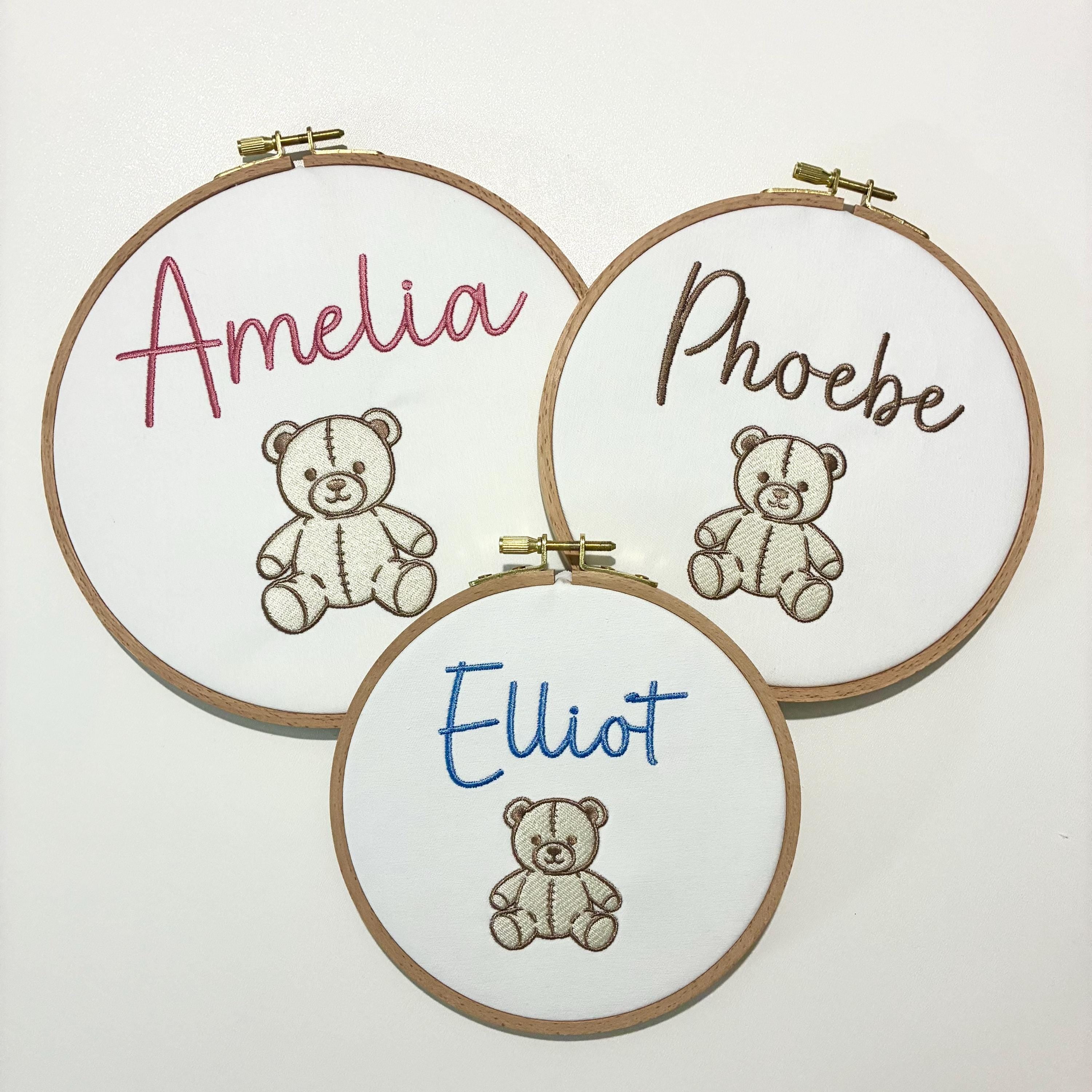 Personalised Embroidery Hoop – Custom Name Teddy Bear Embroidered Vintage Art Nursery Decor Baby Shower Birth Announcement Gift