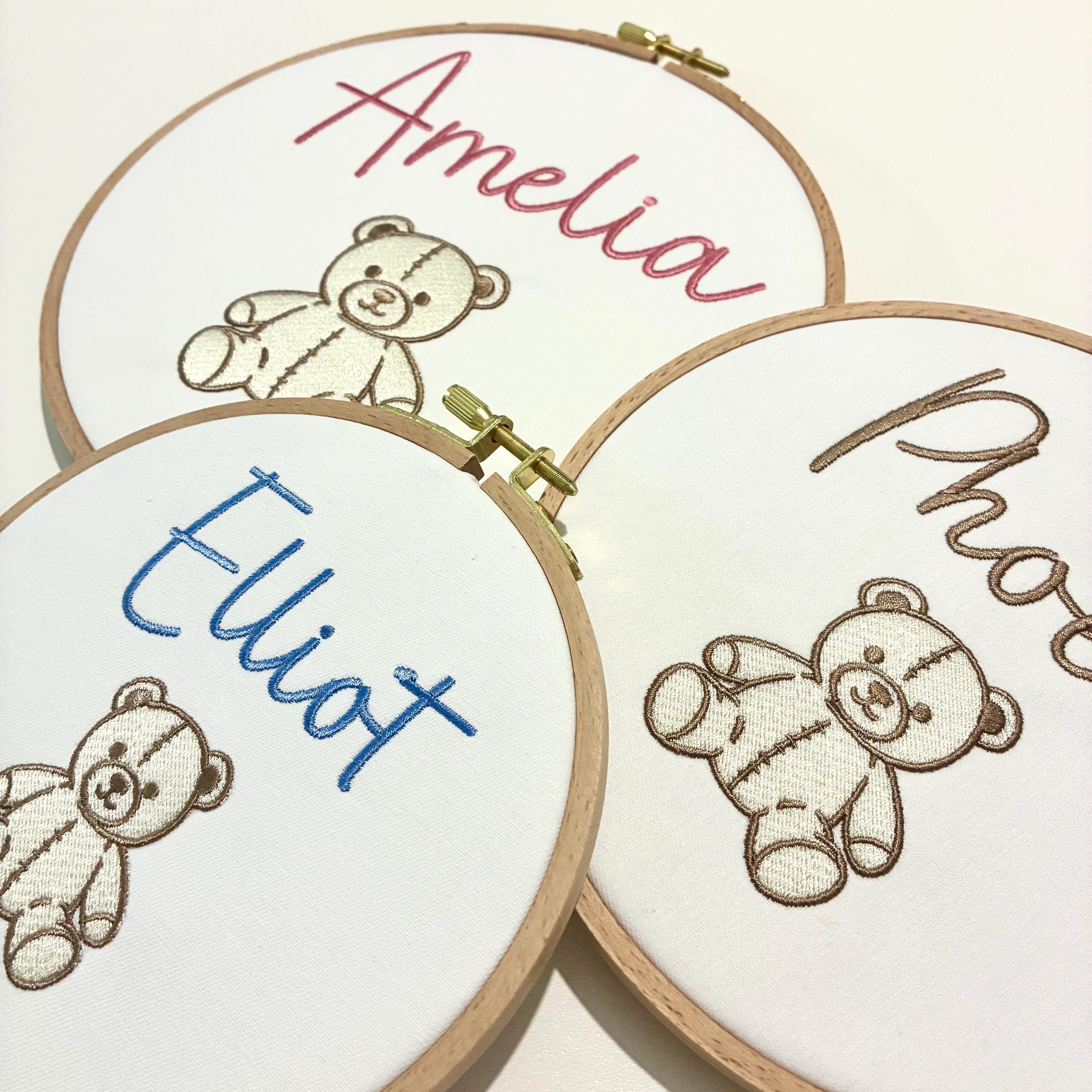 Personalised Embroidery Hoop – Custom Name Teddy Bear Embroidered Vintage Art Nursery Decor Baby Shower Birth Announcement Gift