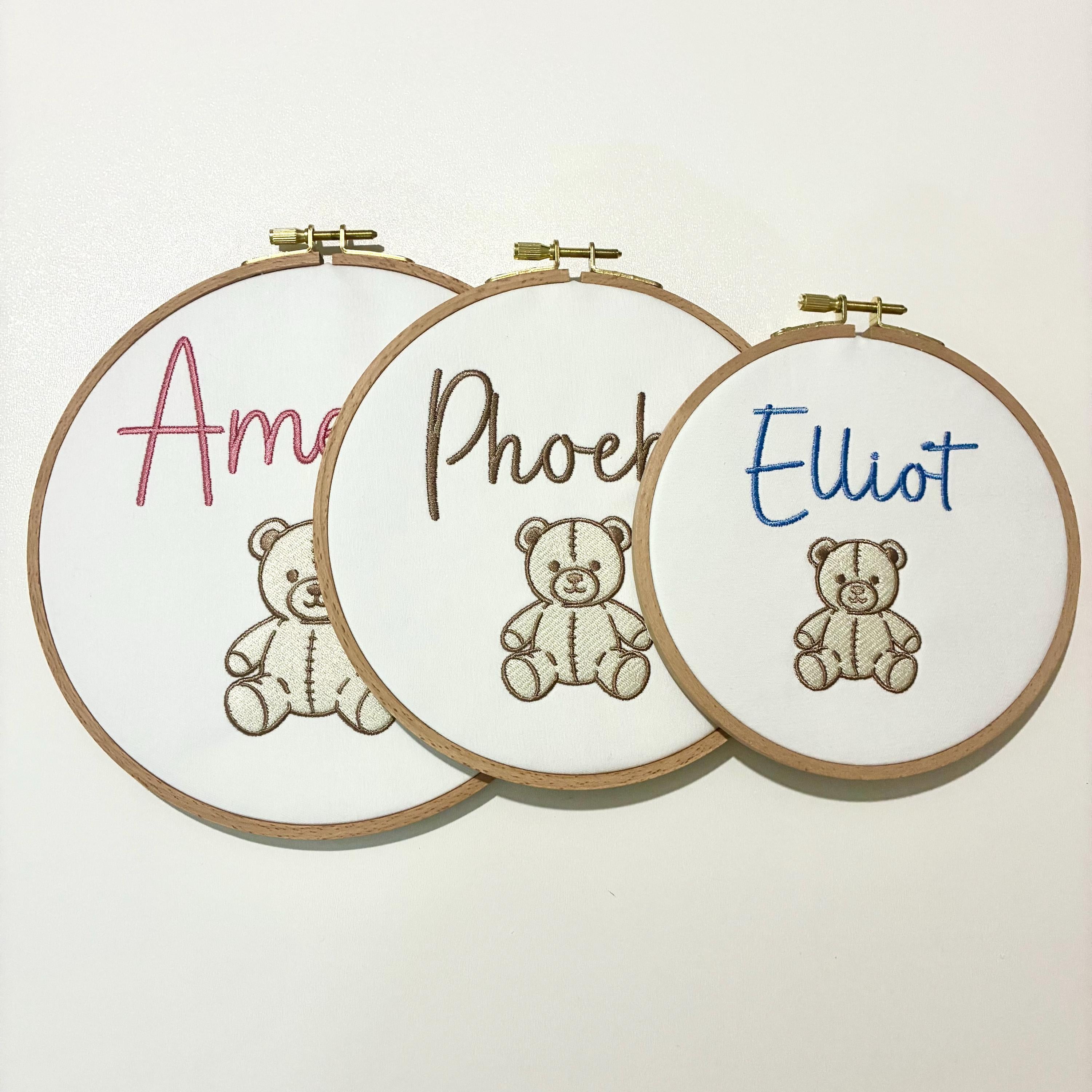 Personalised Embroidery Hoop – Custom Name Teddy Bear Embroidered Vintage Art Nursery Decor Baby Shower Birth Announcement Gift