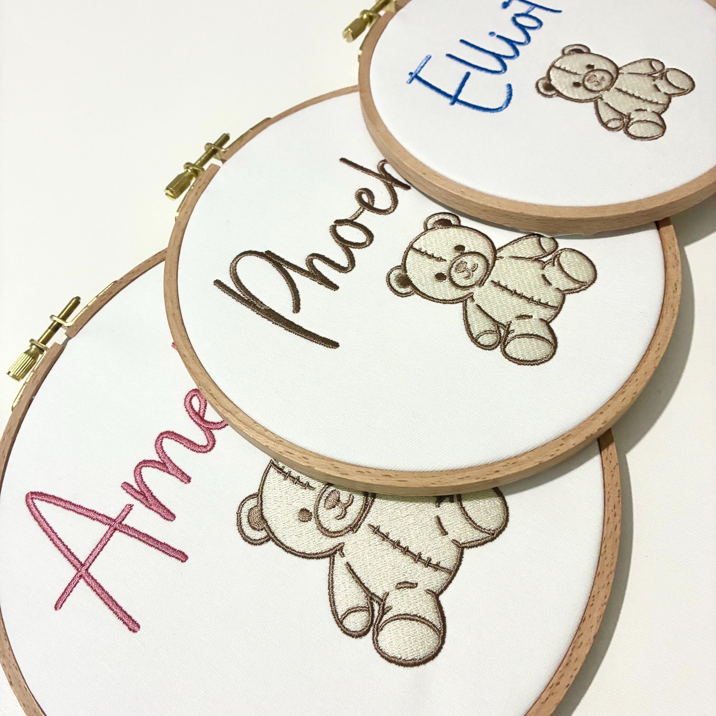 Personalised Embroidery Hoop – Custom Name Teddy Bear Embroidered Vintage Art Nursery Decor Baby Shower Birth Announcement Gift