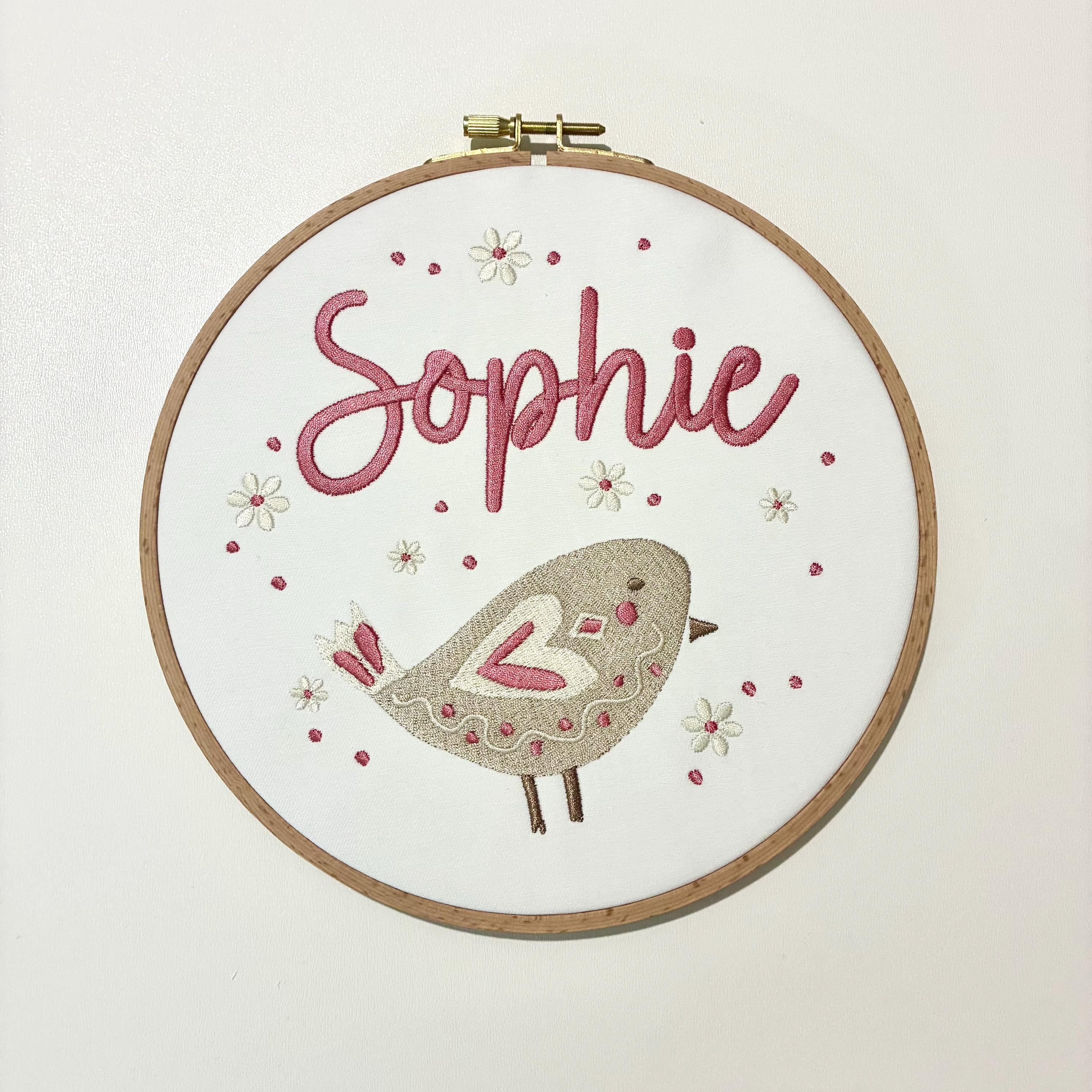 Personalised Embroidery Hoop – Custom Name Bird Embroidered Vintage Art Nursery Decor Baby Shower Birth Announcement Gift