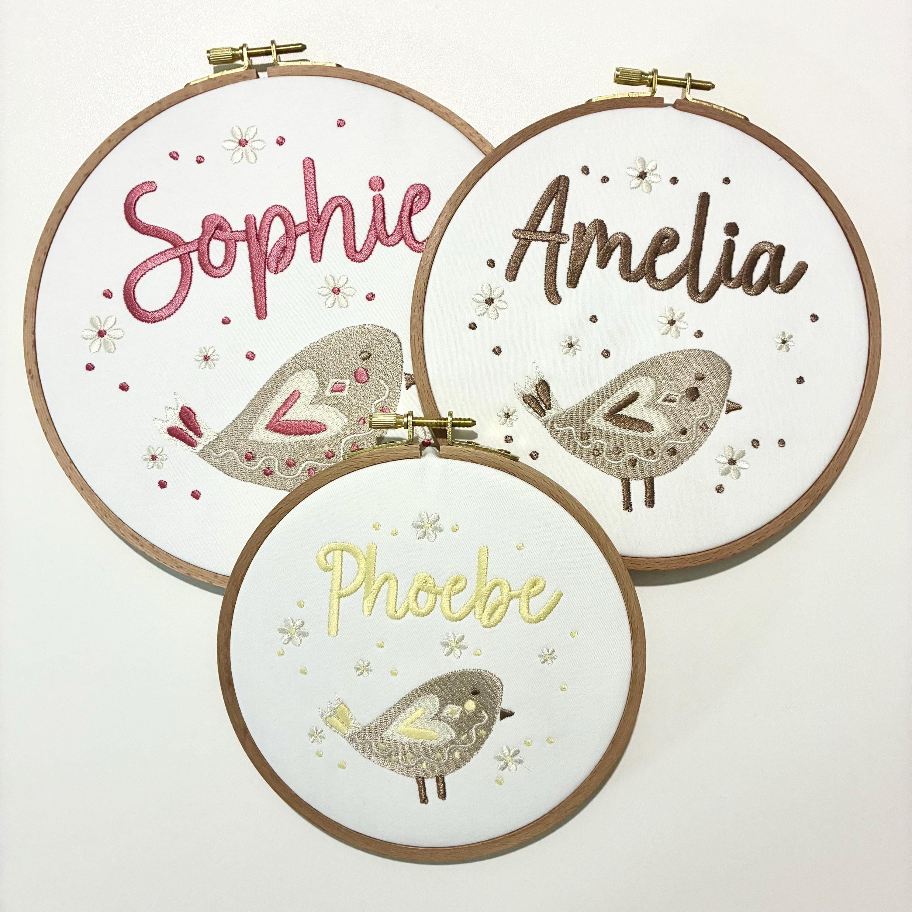 Personalised Embroidery Hoop – Custom Name Bird Embroidered Vintage Art Nursery Decor Baby Shower Birth Announcement Gift