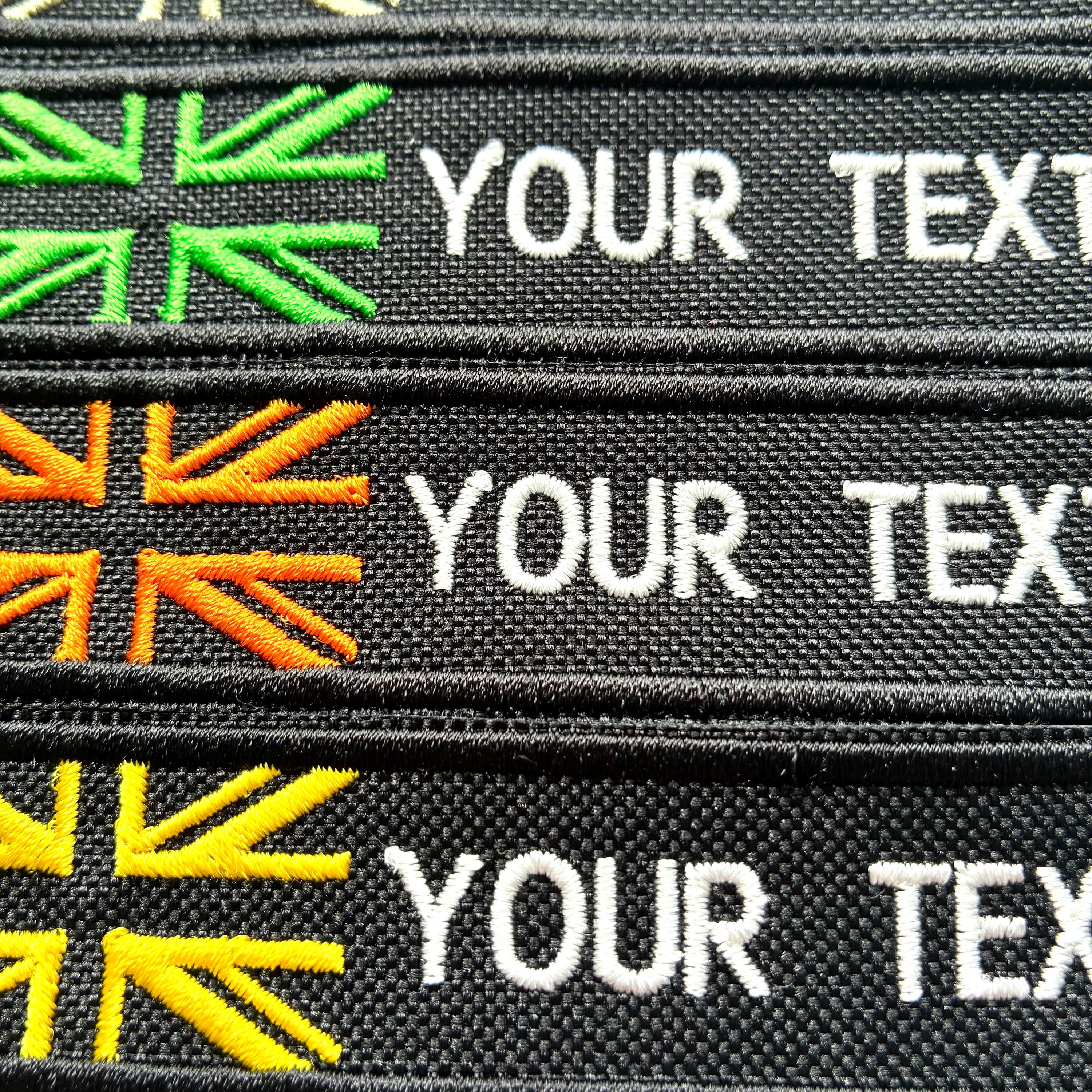 Personalised Embroidered Union Jack Flag Patch Sew/Iron/VELCRO® Custom Text Badge Black