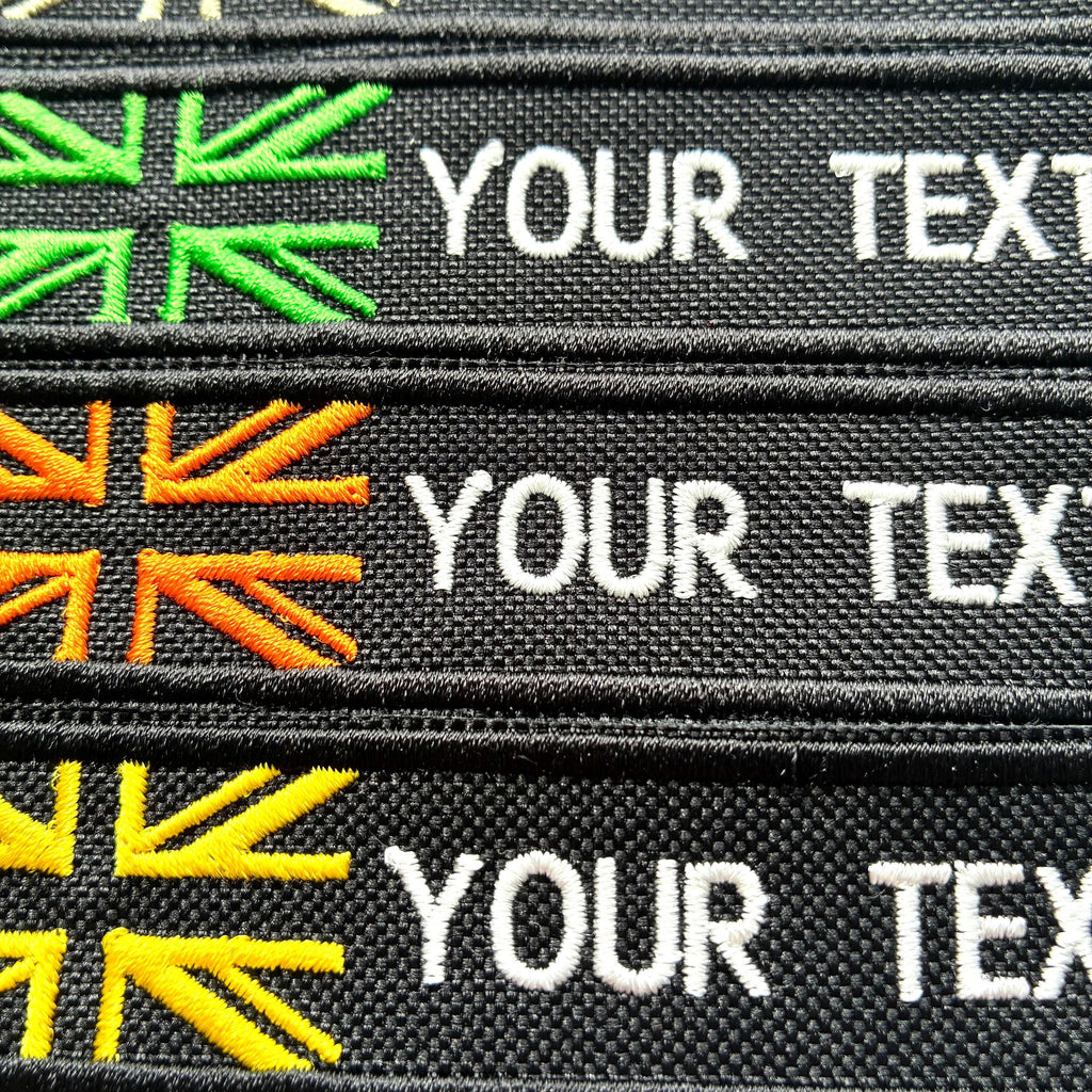 Personalised Embroidered Union Jack Flag Patch Sew/Iron/VELCRO® Custom Text Badge Black