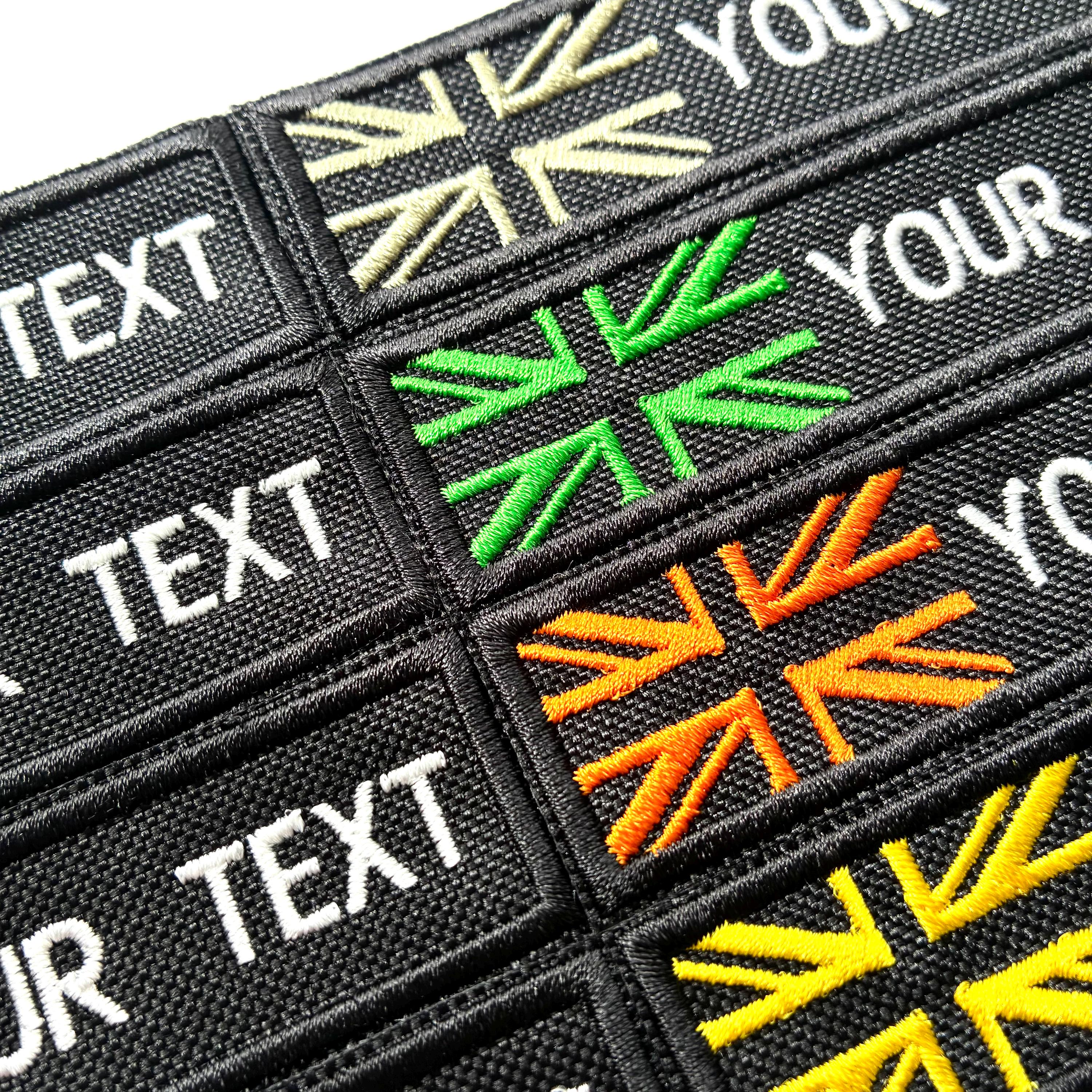 Personalised Embroidered Union Jack Flag Patch Sew/Iron/VELCRO® Custom Text Badge Black