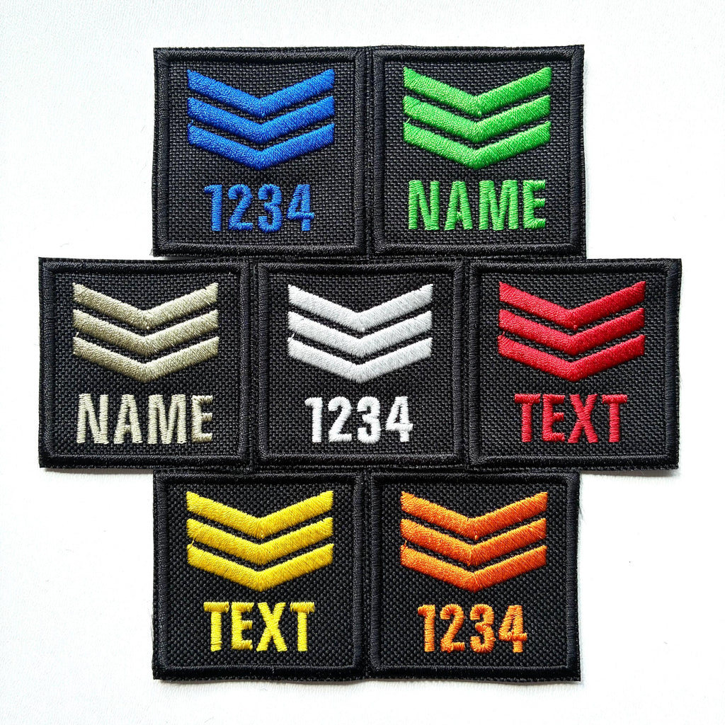 Personalised Embroidered Sergeant Chevron Patch 50x50mm Sew/Iron/VELCRO® Custom Text Badge Black