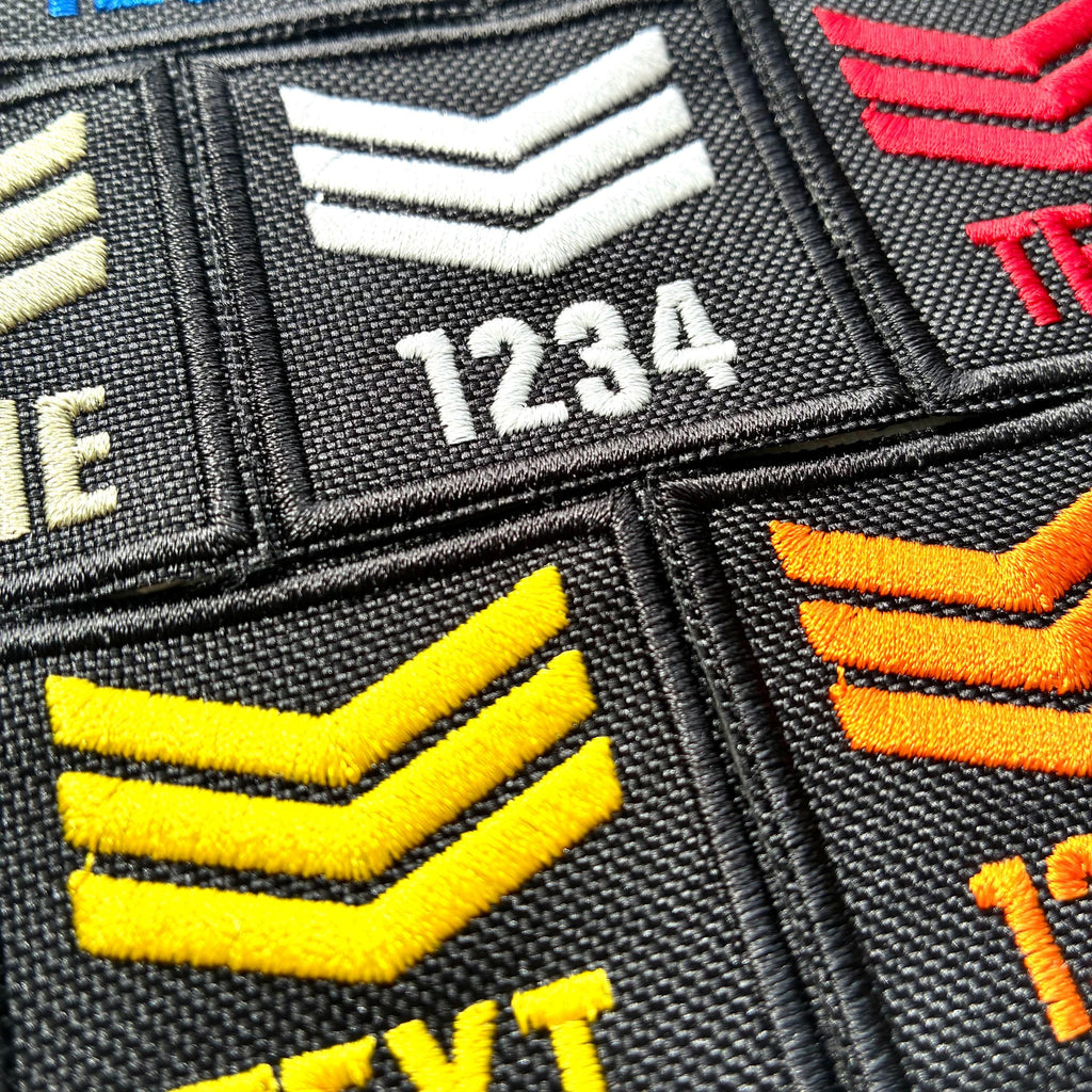 Personalised Embroidered Sergeant Chevron Patch 50x50mm Sew/Iron/VELCRO® Custom Text Badge Black