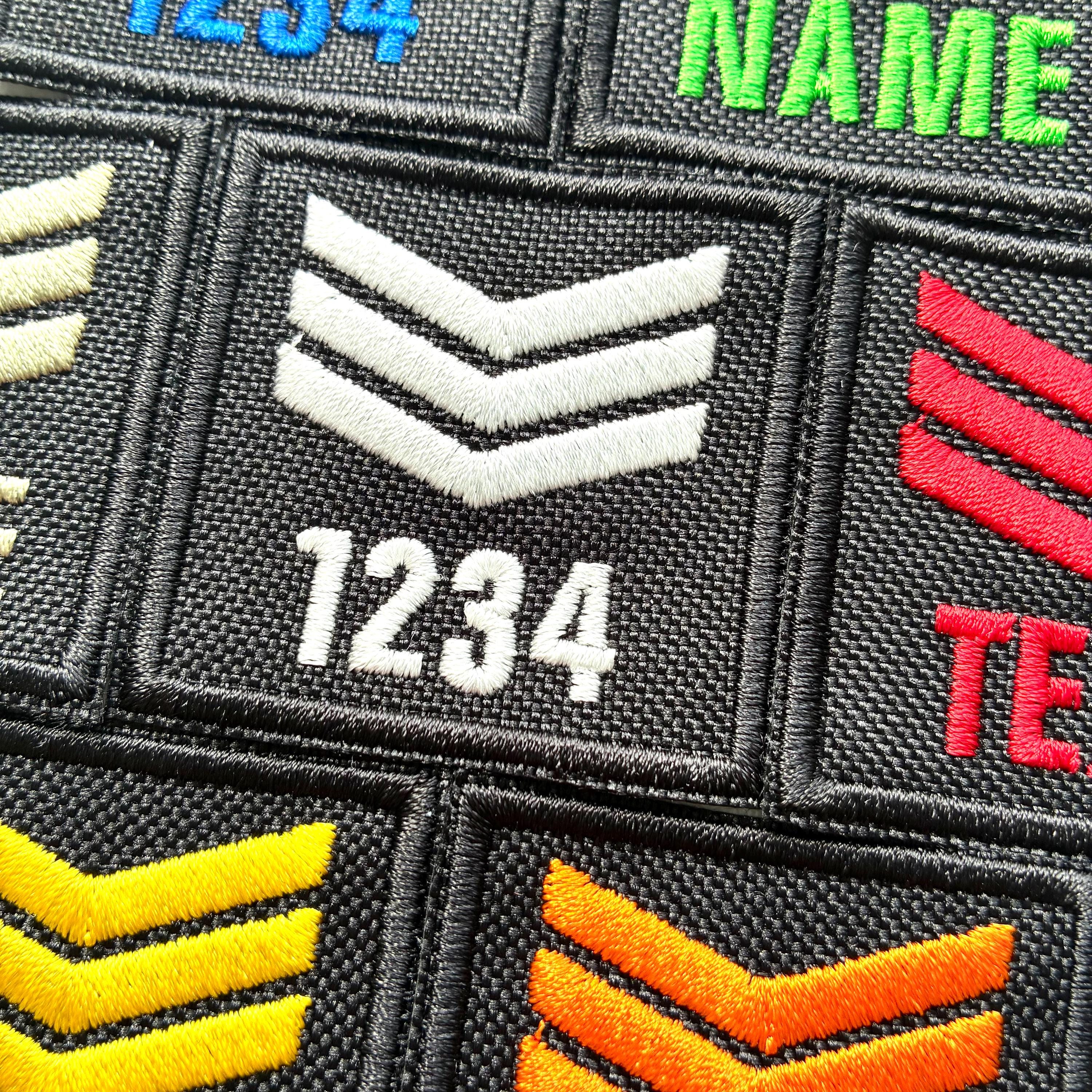 Personalised Embroidered Sergeant Chevron Patch 50x50mm Sew/Iron/VELCRO® Custom Text Badge Black
