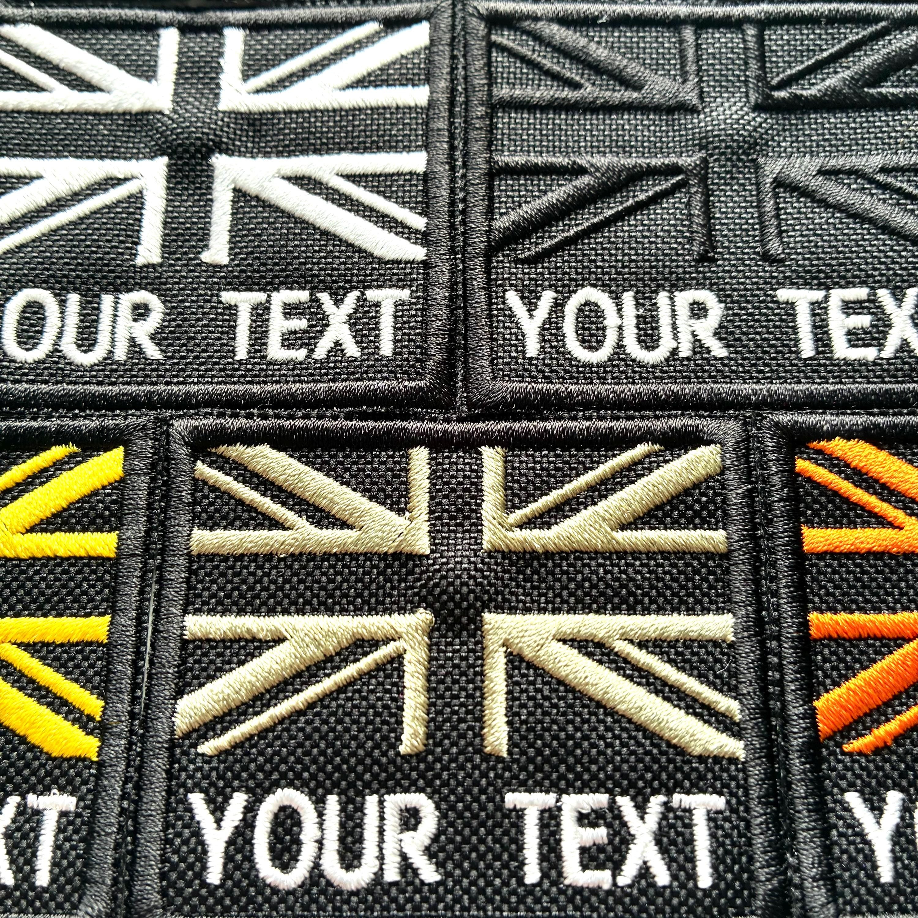 Personalised Embroidered Union Jack Flag Patch 60x50mm Sew/Iron/VELCRO® Custom Text Badge Black