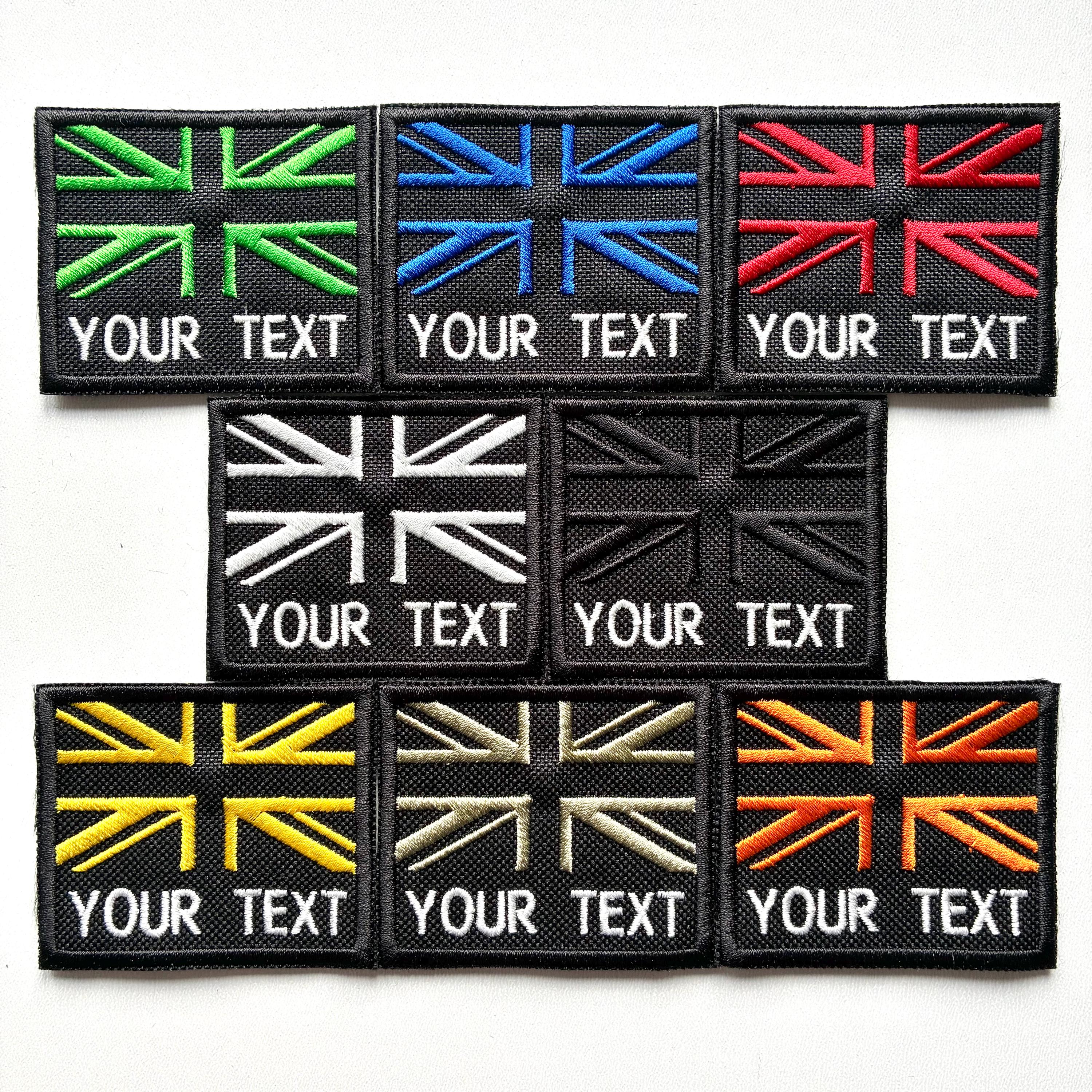 Personalised Embroidered Union Jack Flag Patch 60x50mm Sew/Iron/VELCRO® Custom Text Badge Black