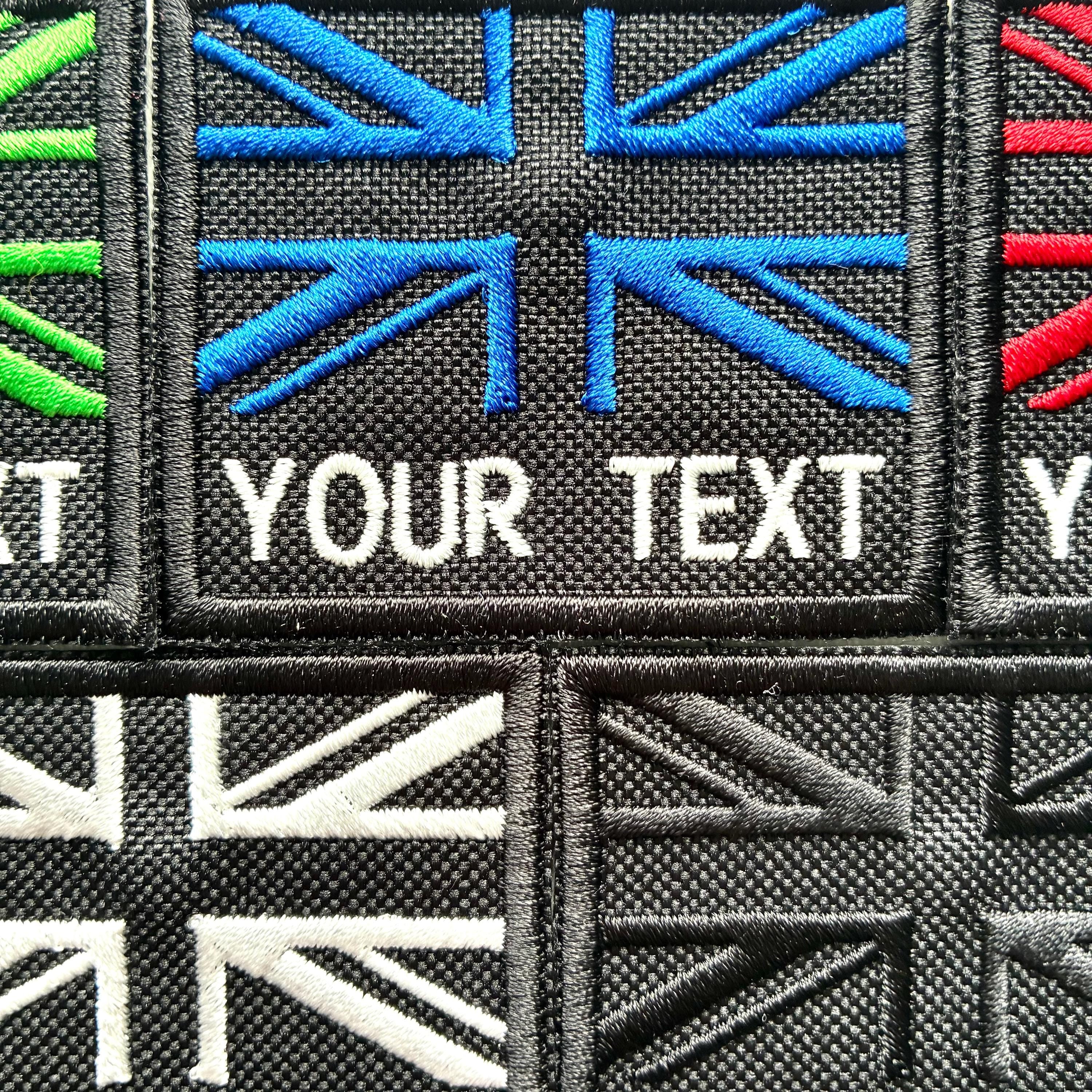 Personalised Embroidered Union Jack Flag Patch 60x50mm Sew/Iron/VELCRO® Custom Text Badge Black