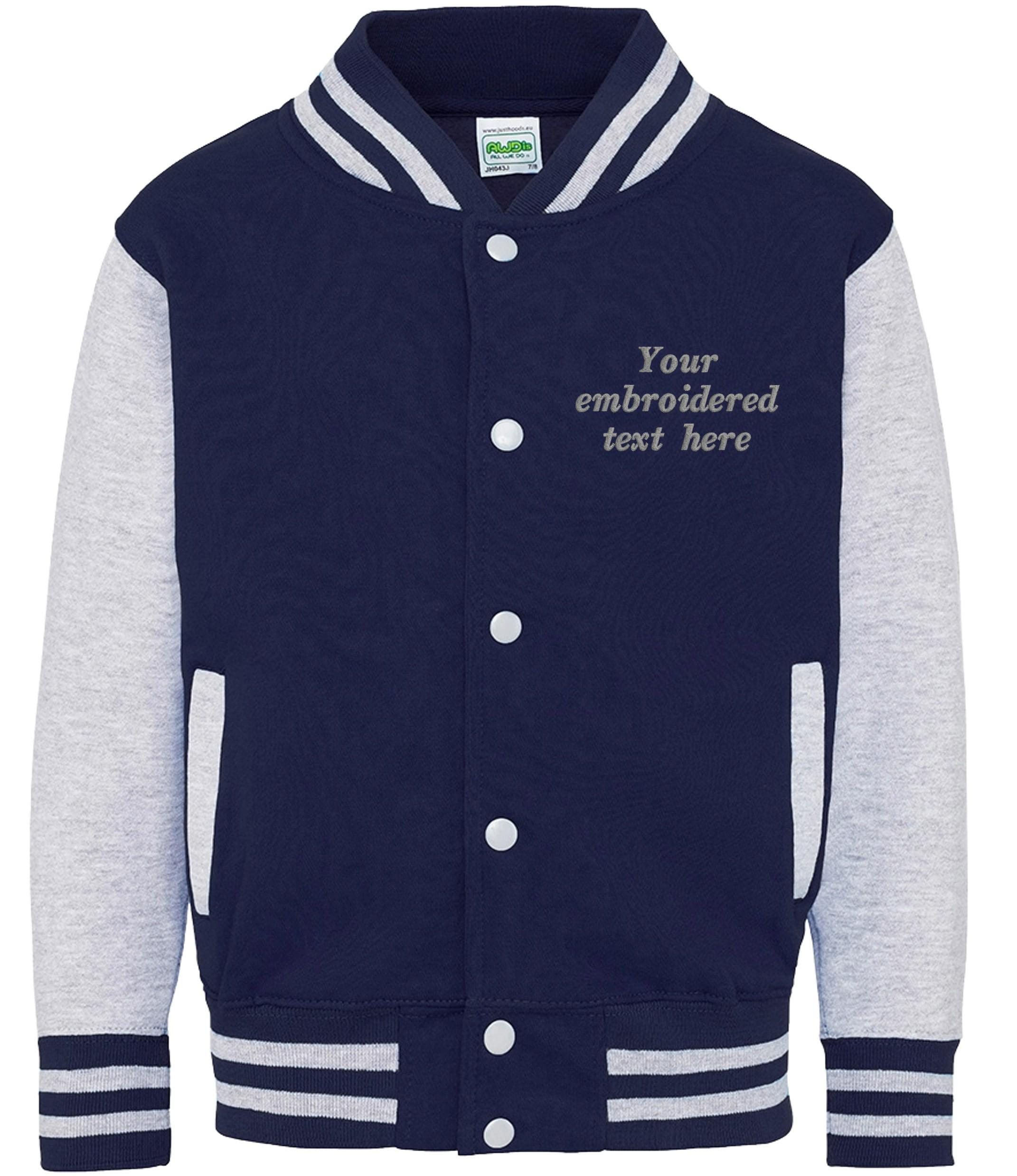 Embroidered Personalised Text Kids Varsity Jacket Childrens Custom Name Letterman College Baseball