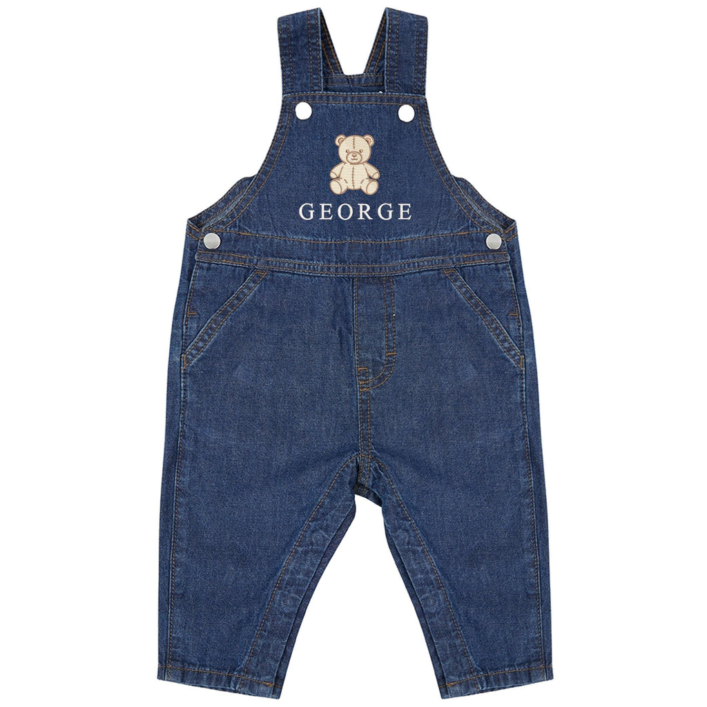 Embroidered Teddy Bear Personalised Name Baby & Toddler Cotton Denim Dungarees Custom Outfit