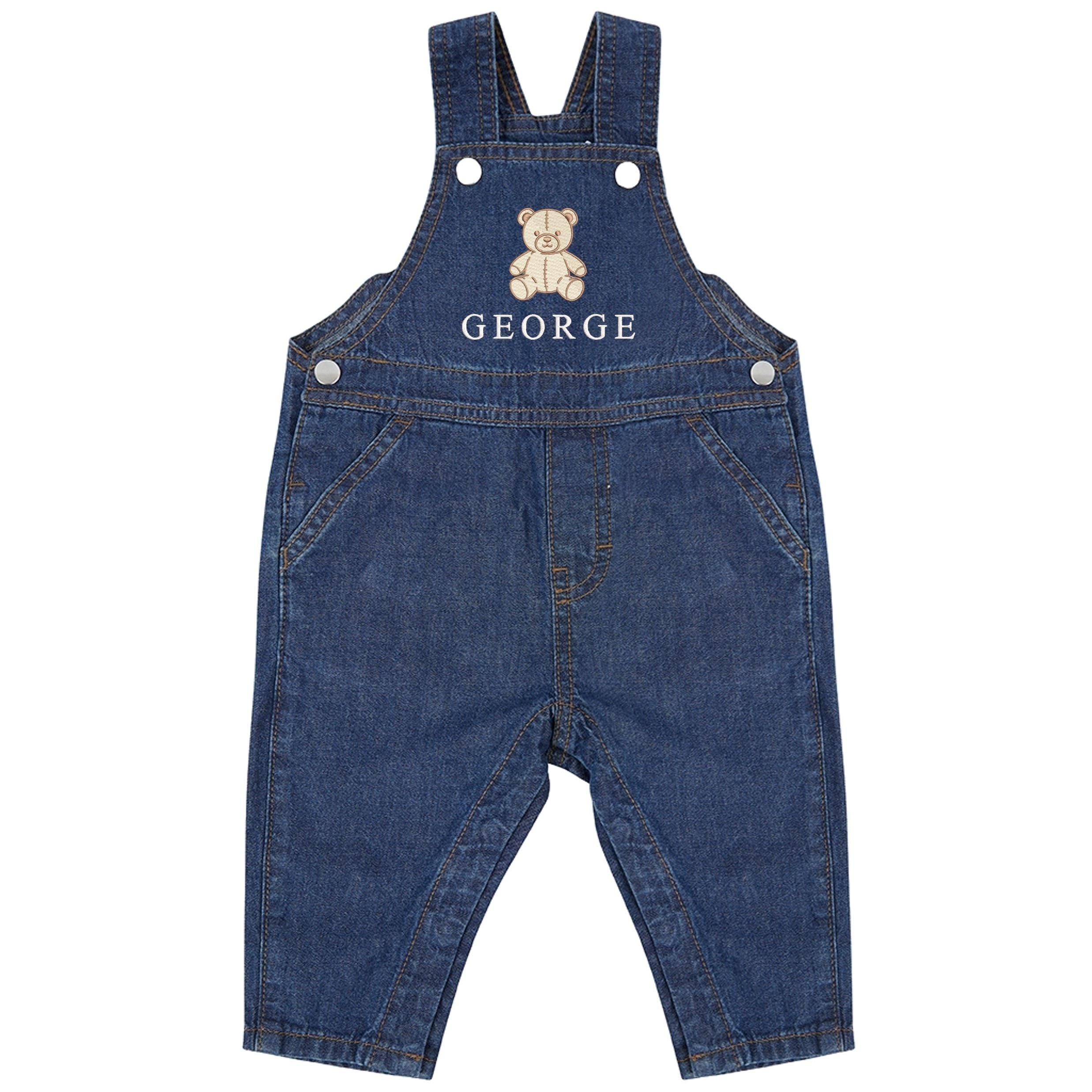Embroidered Teddy Bear Personalised Name Baby & Toddler Cotton Denim Dungarees Custom Outfit