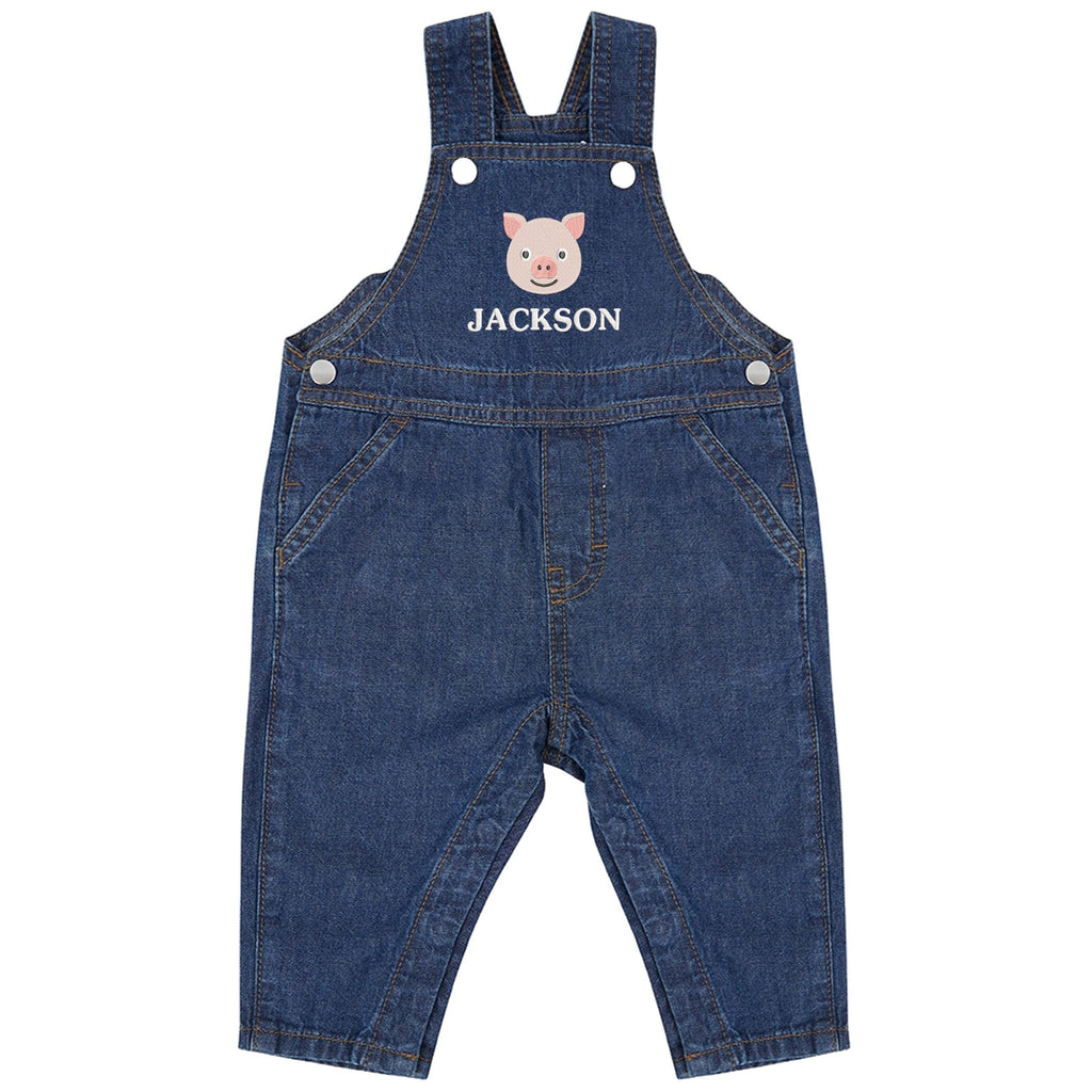 Embroidered Pig Personalised Name Baby & Toddler Cotton Denim Dungarees Custom Farmyard Barn Animals