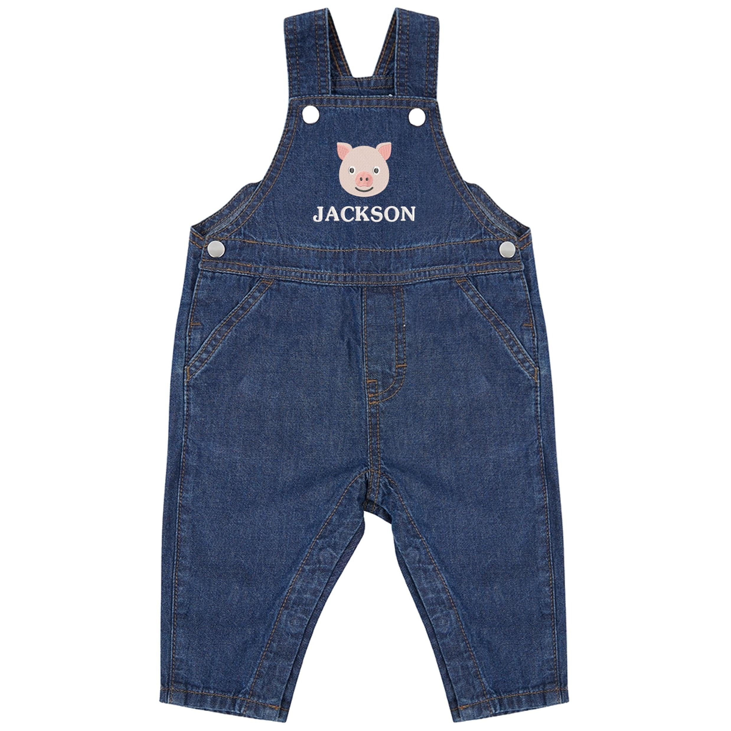 Embroidered Pig Personalised Name Baby & Toddler Cotton Denim Dungarees Custom Farmyard Barn Animals