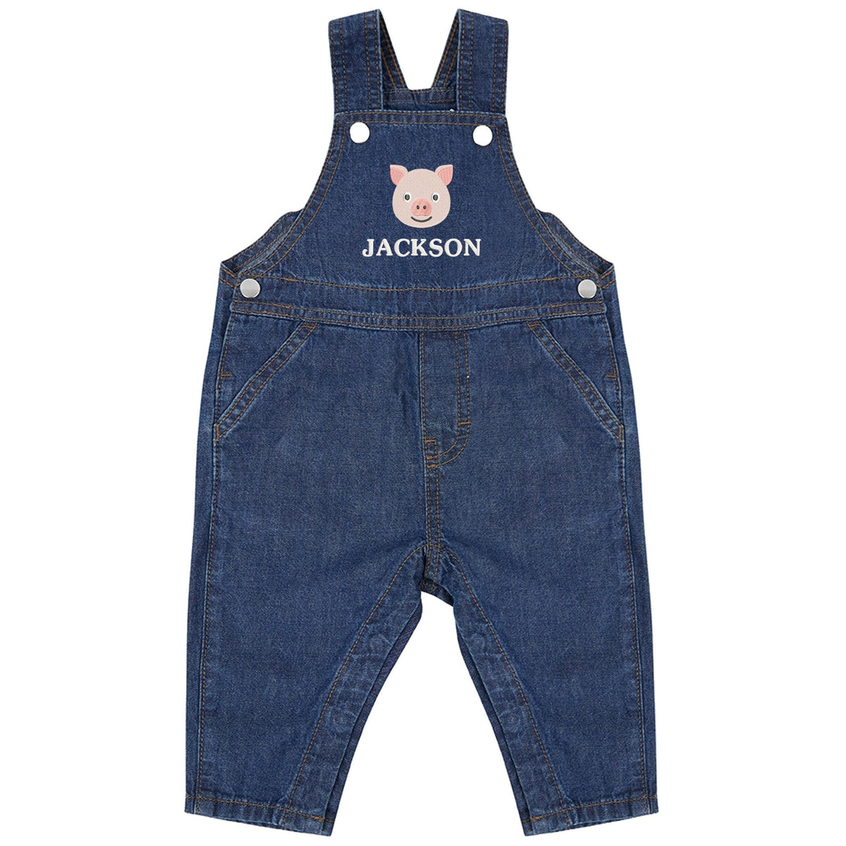 Embroidered Pig Personalised Name Baby & Toddler Cotton Denim Dungarees Custom Farmyard Barn Animals