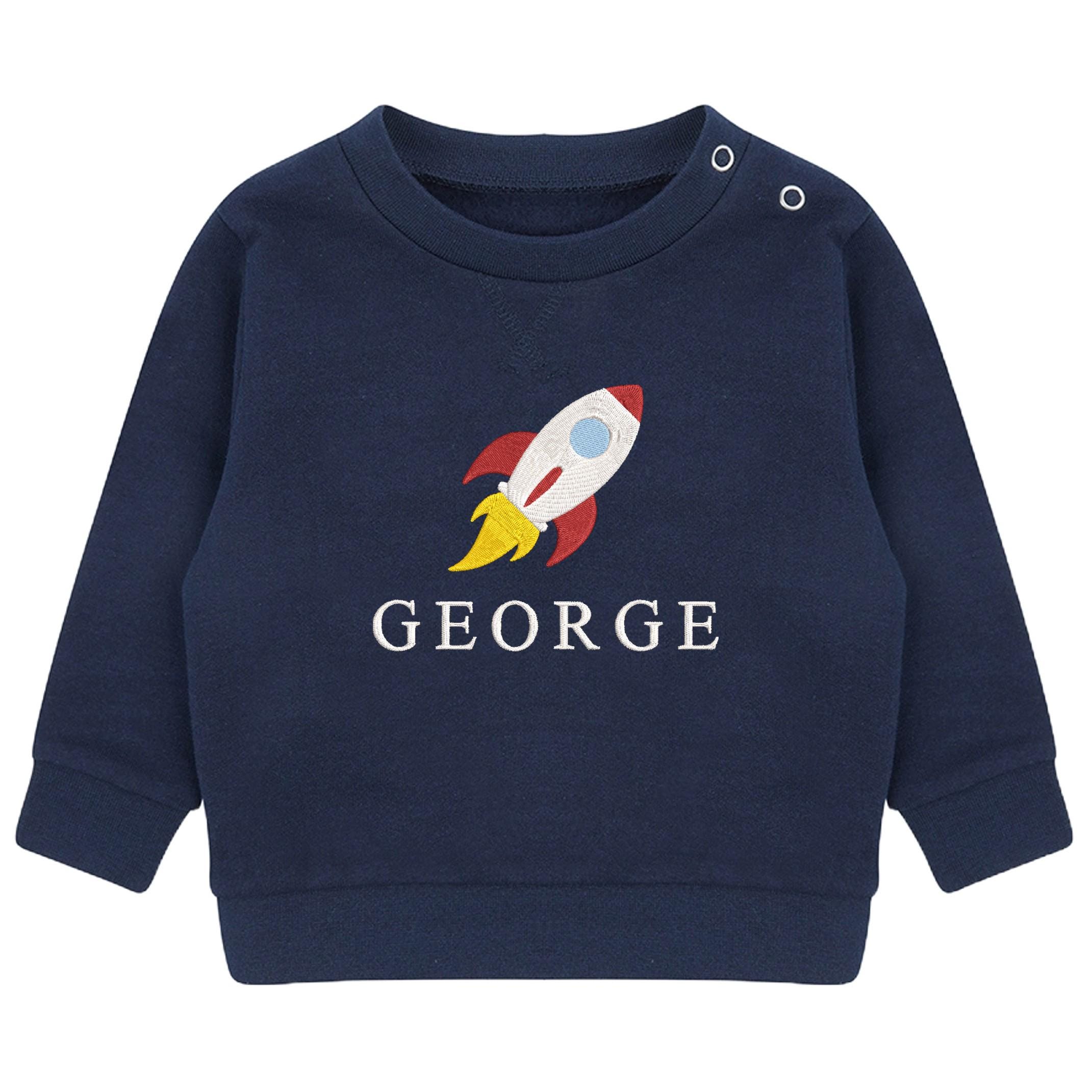 Embroidered Space Rocket Personalised Name Boys Sustainable Sweatshirt Baby & Toddler Custom Jumper Gift