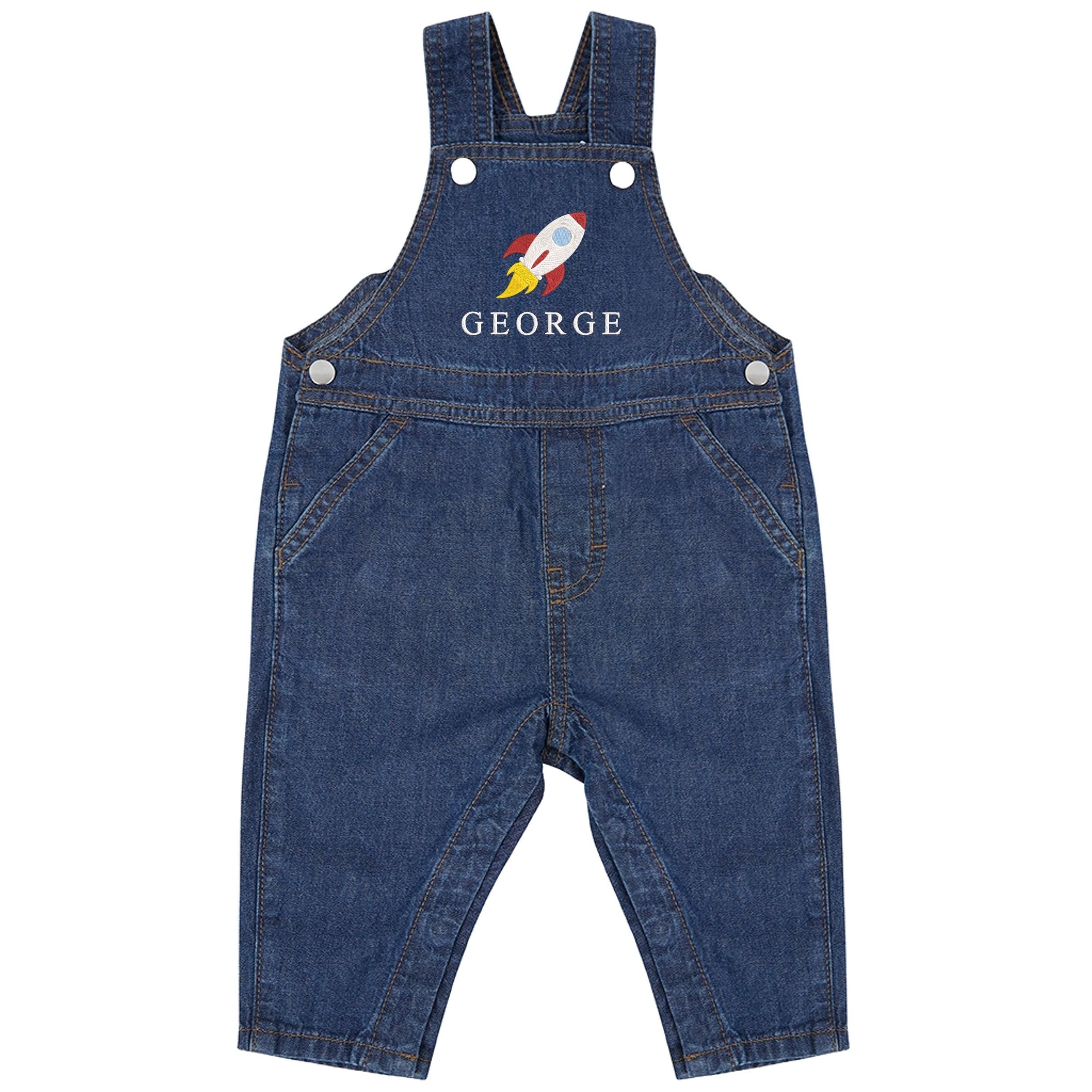 Embroidered Space Rocket Personalised Name Baby & Toddler Cotton Denim Dungarees Custom Text Boys Gift