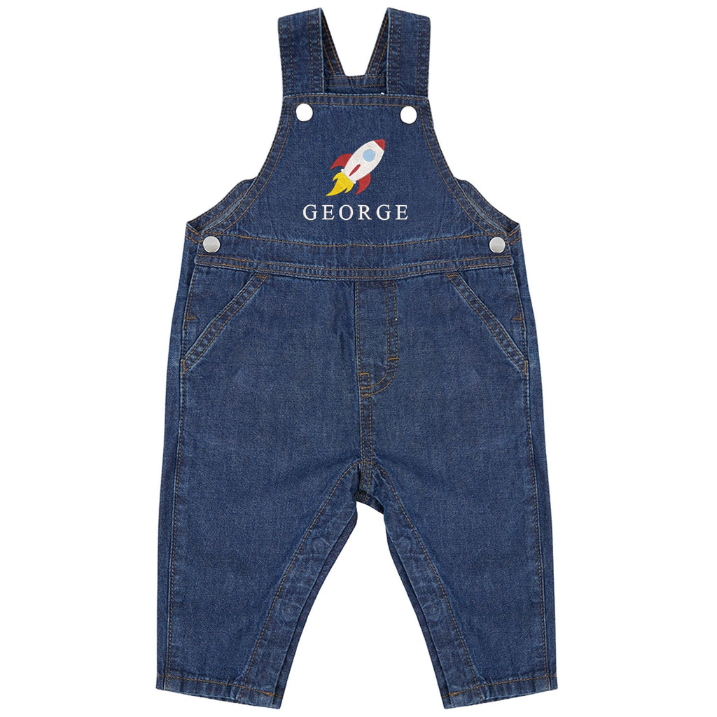 Embroidered Space Rocket Personalised Name Baby & Toddler Cotton Denim Dungarees Custom Text Boys Gift