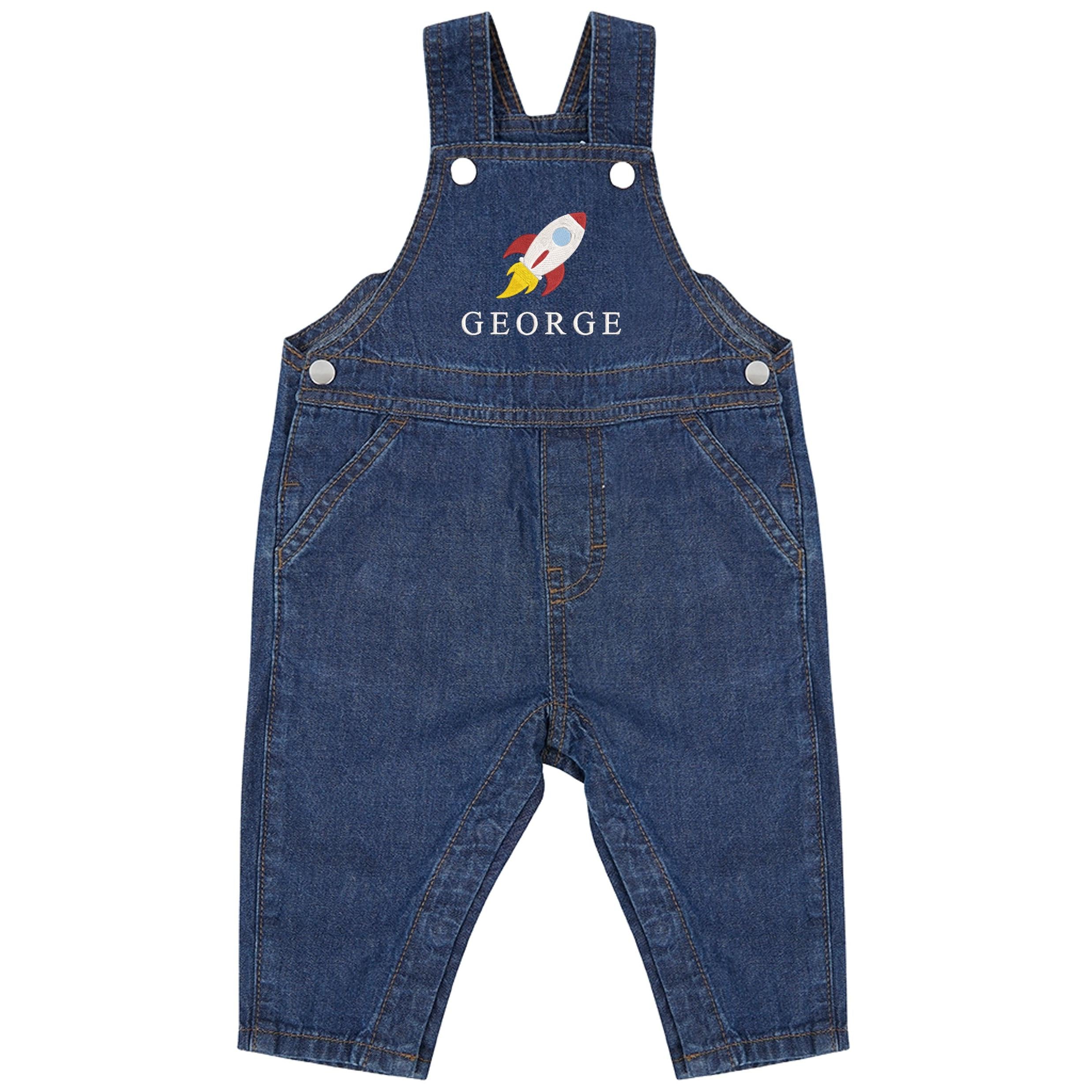 Embroidered Space Rocket Personalised Name Baby & Toddler Cotton Denim Dungarees Custom Text Boys Gift